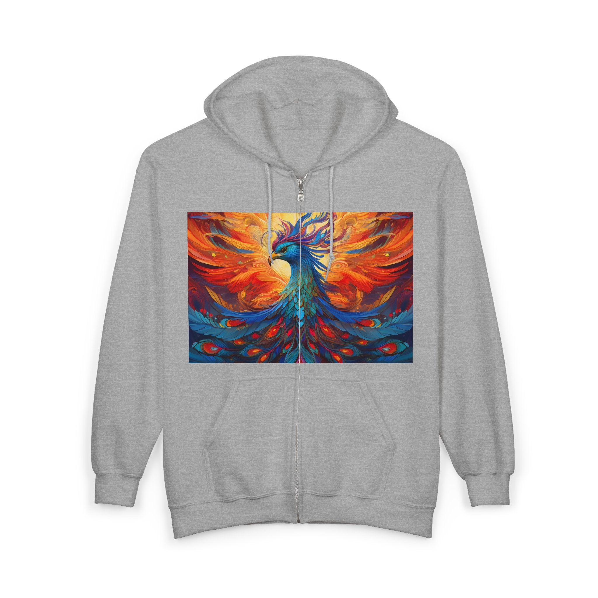 Phoenix Art Full-Zip Hoodie — Vibrant Abstract Bird Design