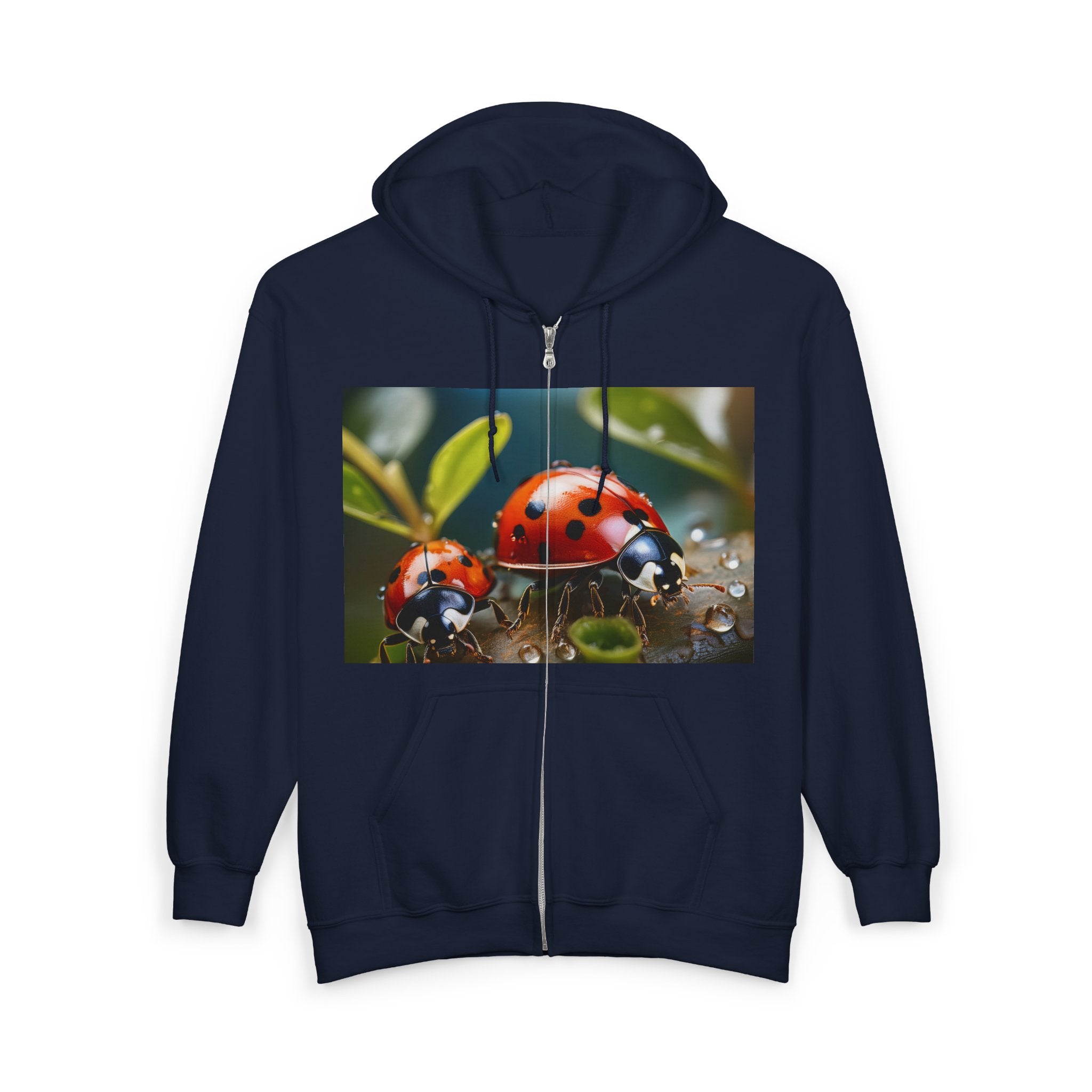 Ladybug Nature Zip Hoodie – Cute Red Ladybugs on Dewy Leaf