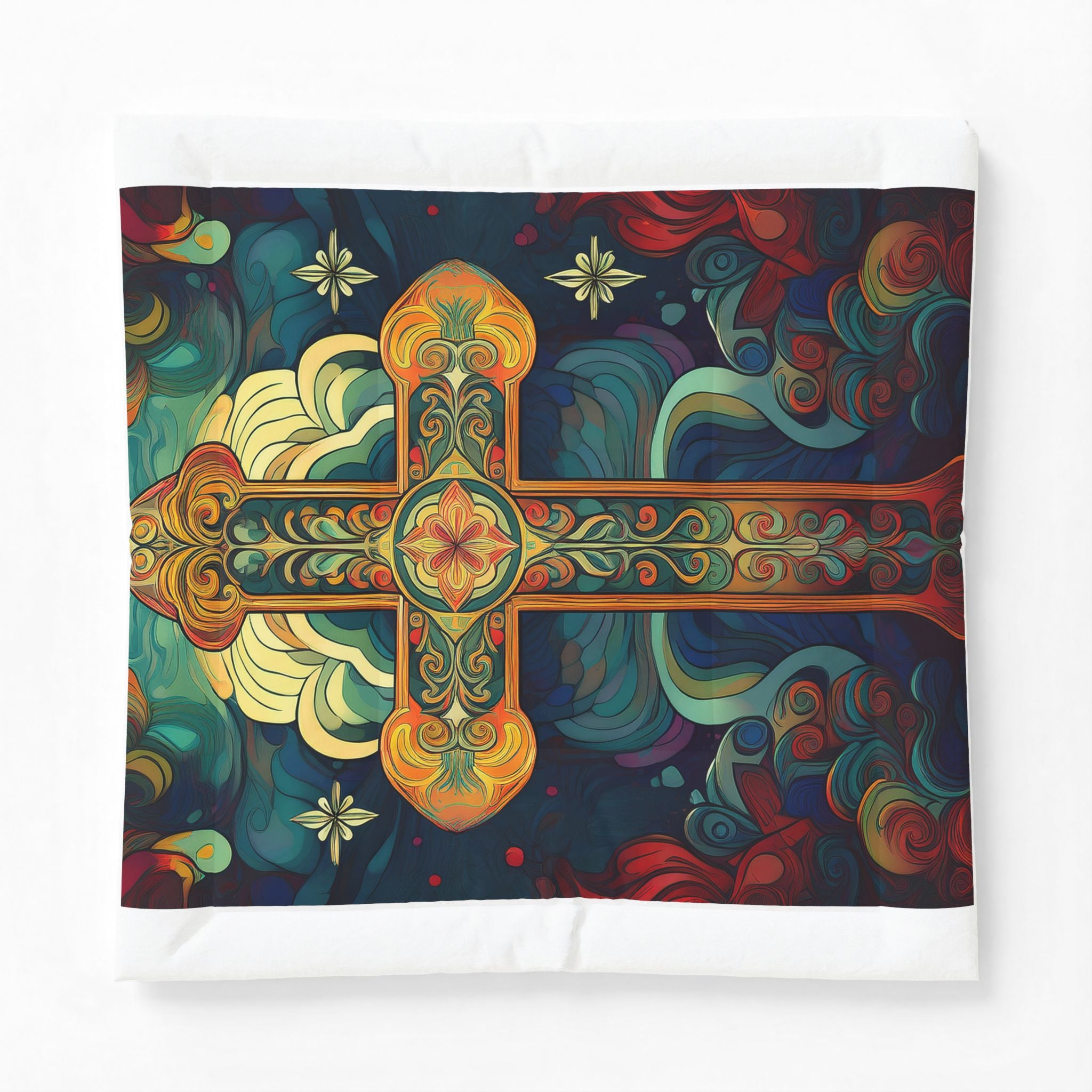 Stained Glass Cross Cotton Comforter – Colorful Religious Bedding Throw