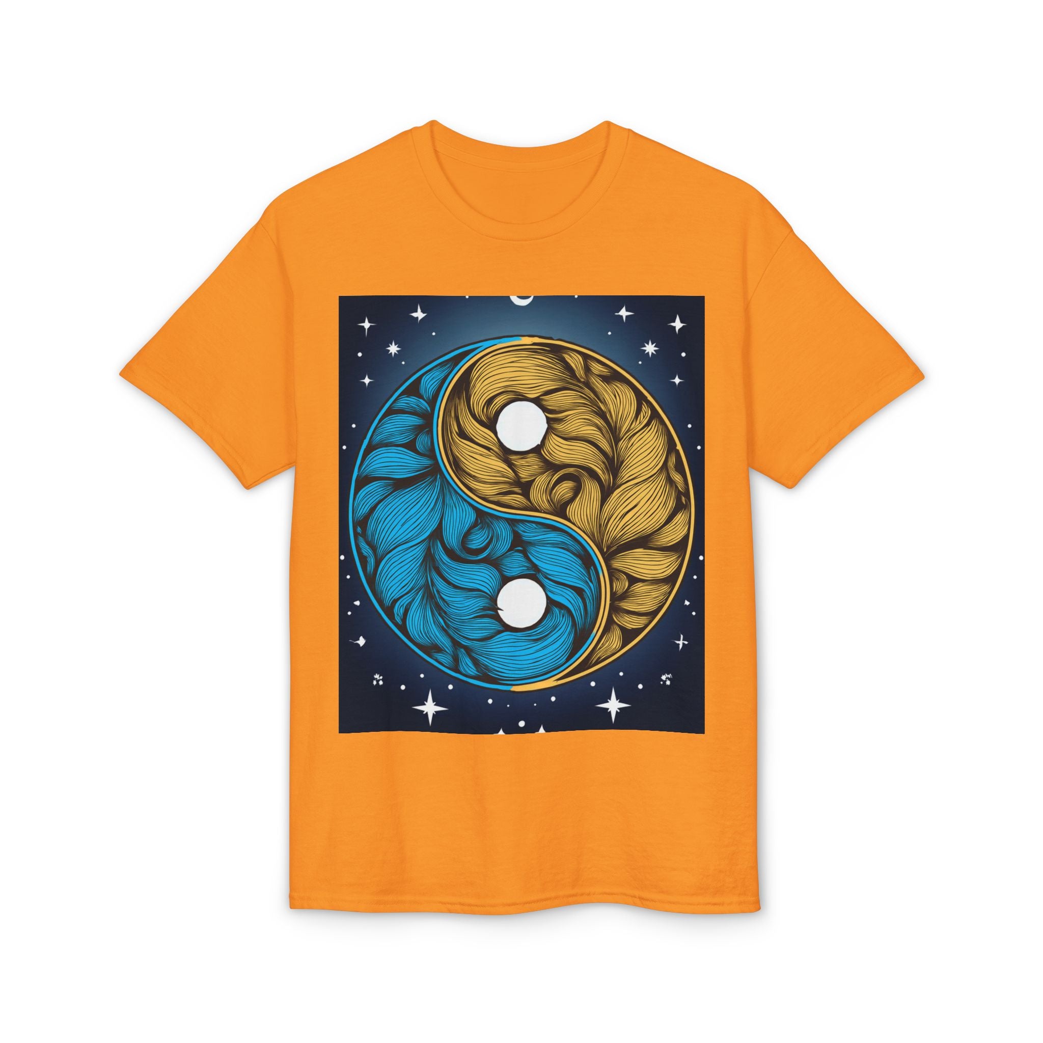 Yin Yang Moon Feathers T-Shirt — Blue & Gold Celestial Balance Tee