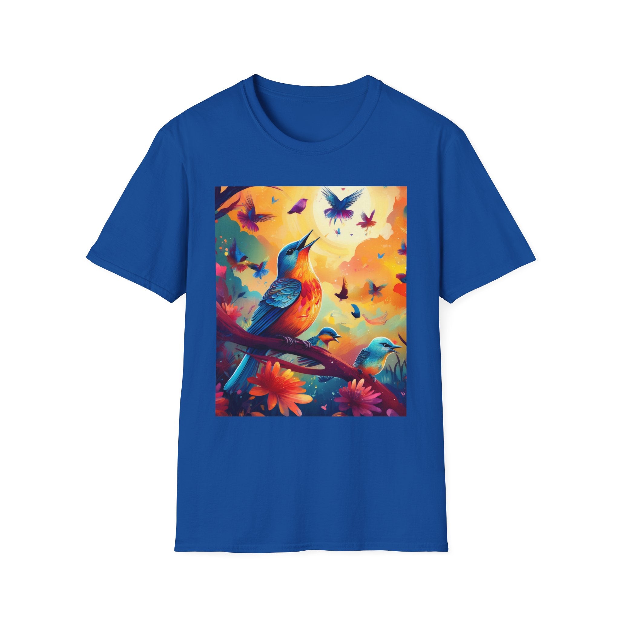 Birds at Dawn Graphic T-Shirt — Colorful Floral Songbird Tee