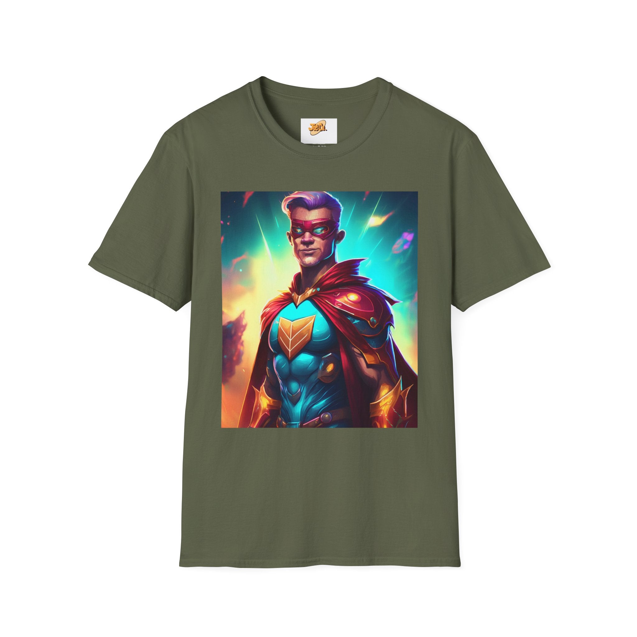 Superhero Graphic T-Shirt — Retro Neon Captain Chest Emblem