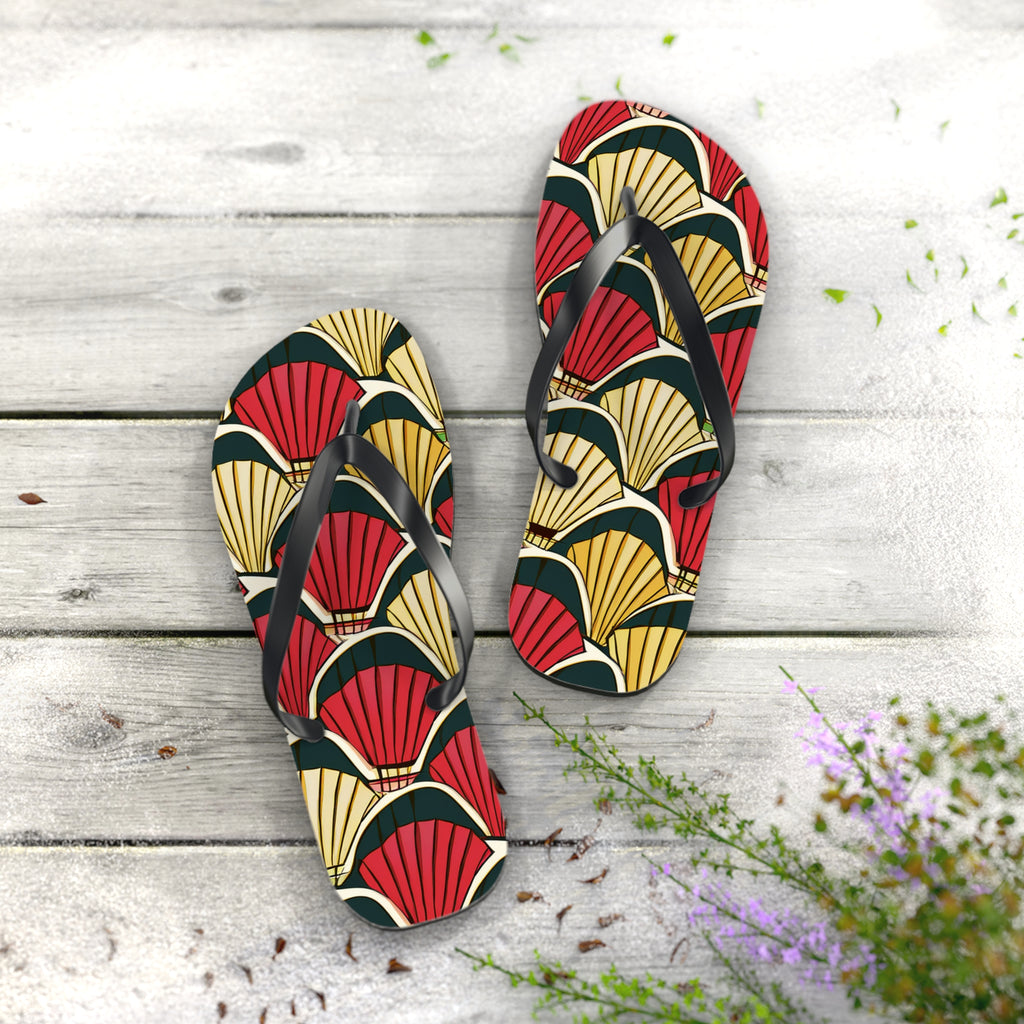 Art Deco Shell Pattern Flip Flops — Retro Red & Gold Beach Sandals