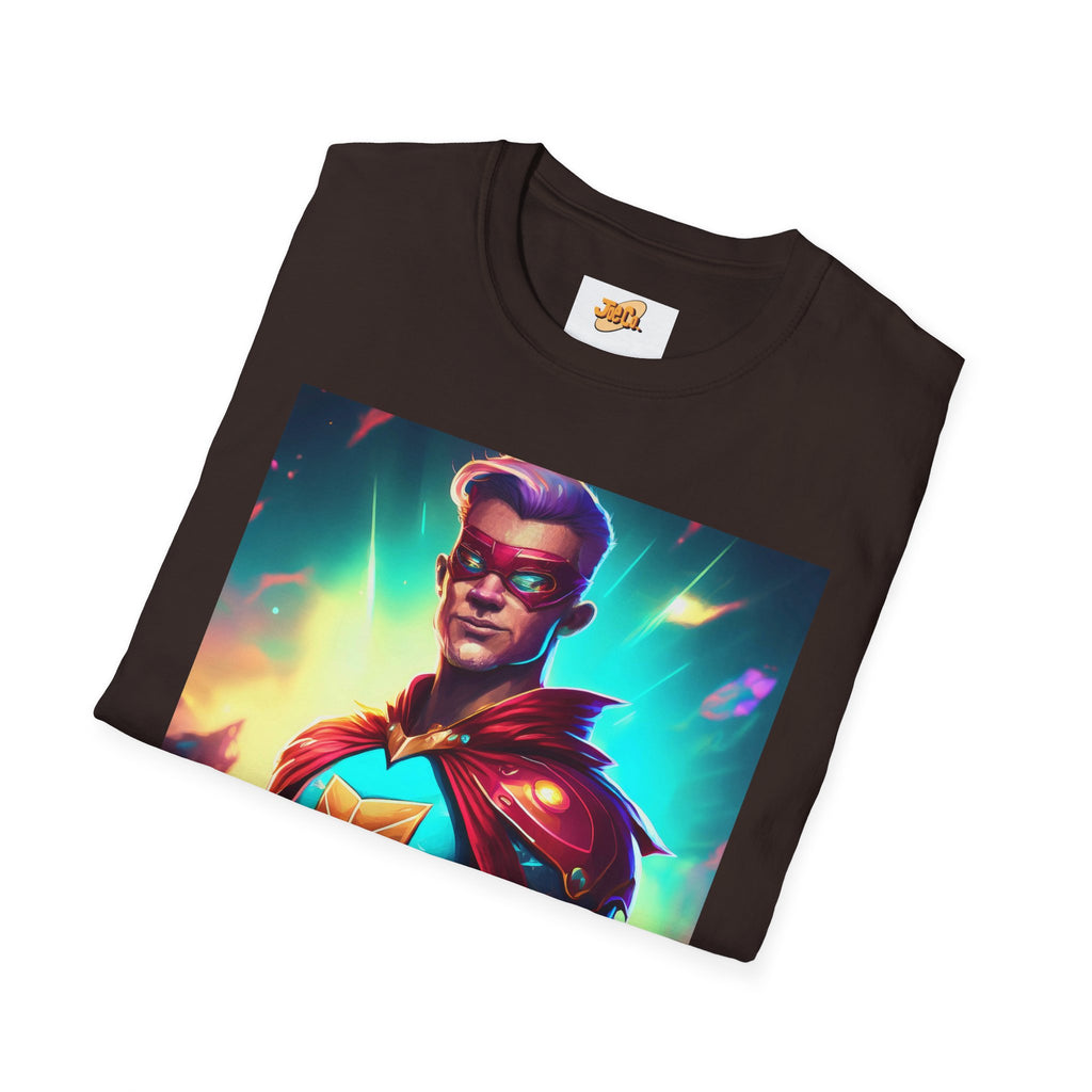 Superhero Graphic T-Shirt — Retro Neon Captain Chest Emblem