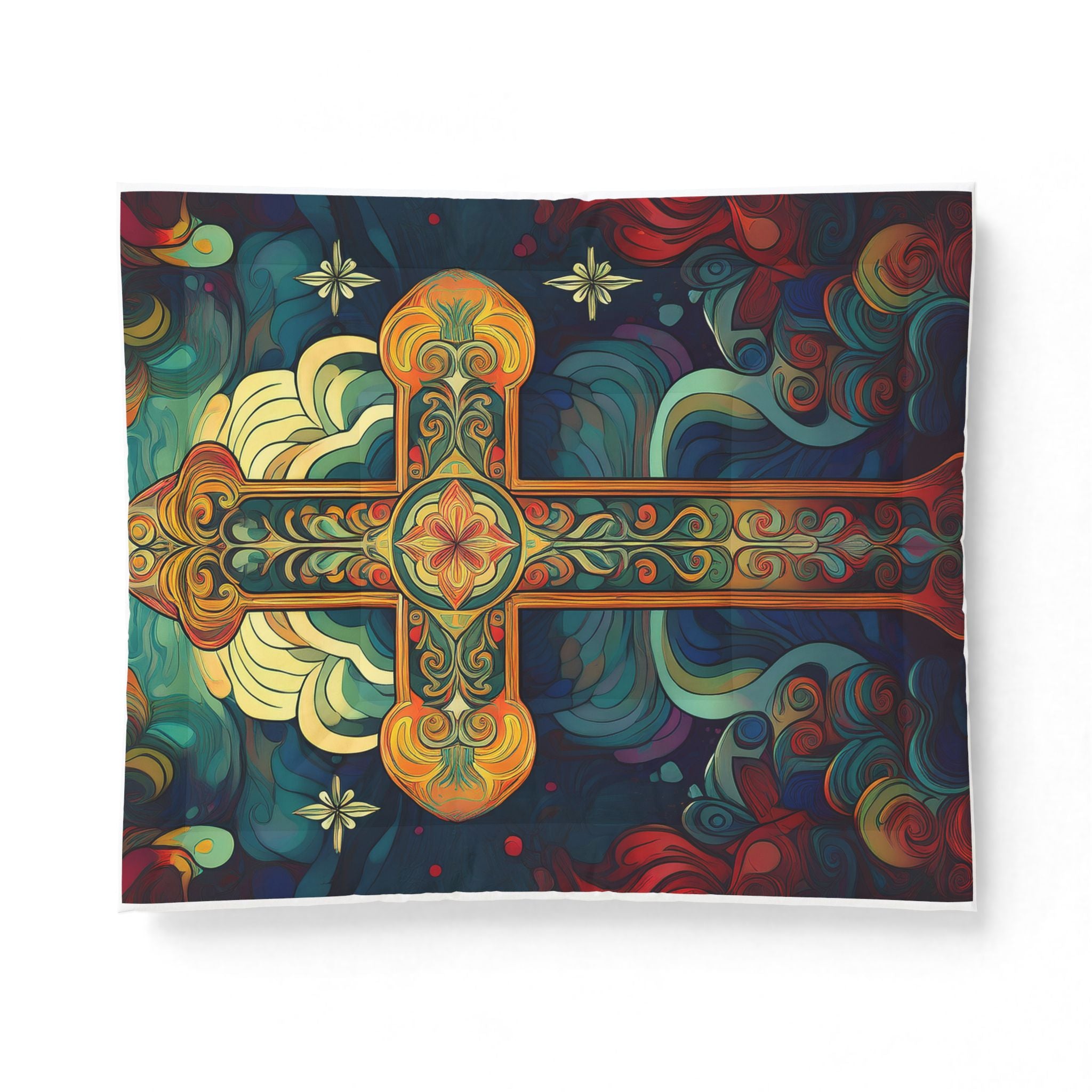Stained Glass Cross Cotton Comforter – Colorful Religious Bedding Throw