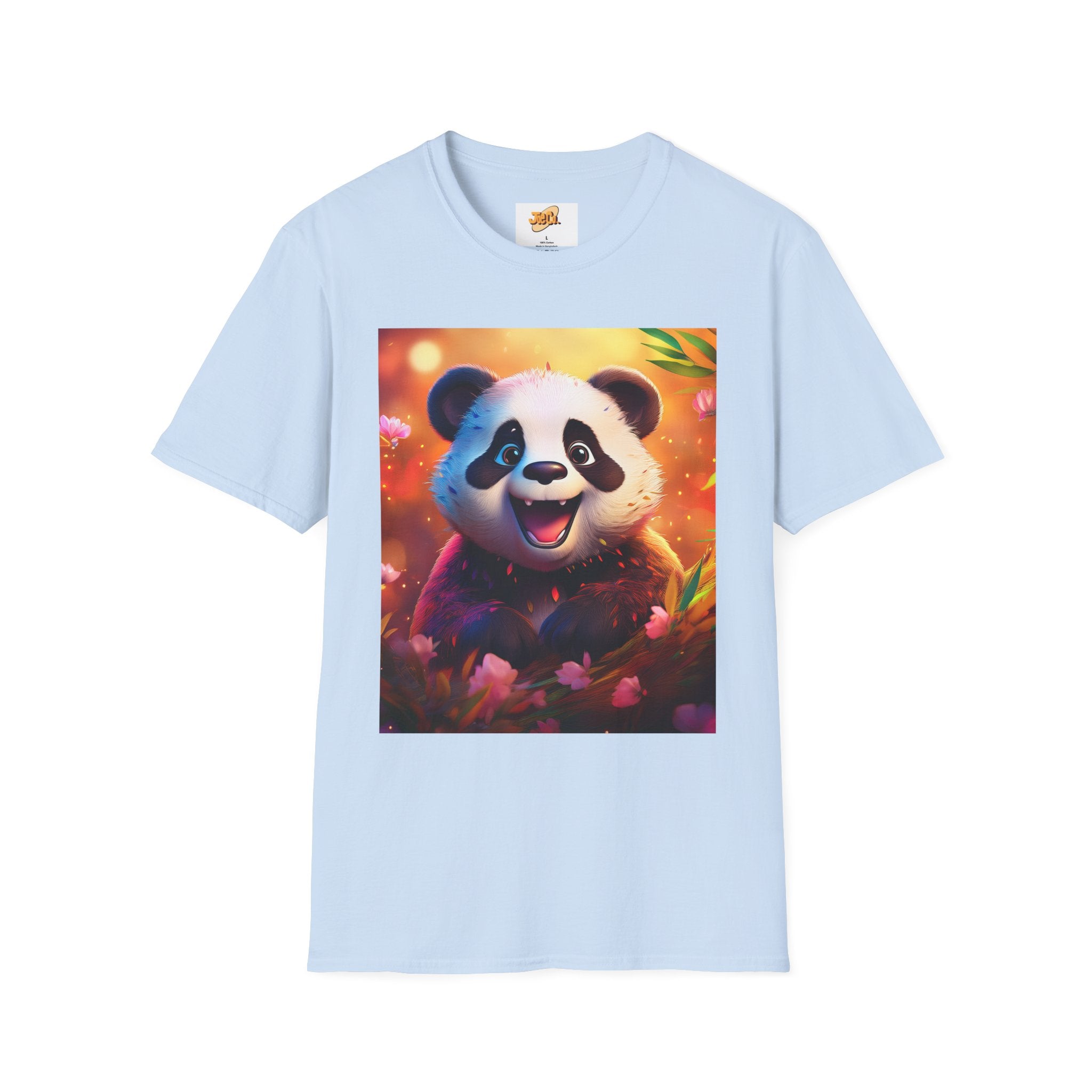 Cute Smiling Panda Graphic T-Shirt — Playful Floral Panda Tee