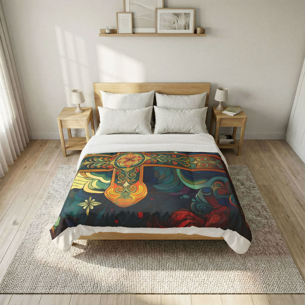 Stained Glass Cross Cotton Comforter – Colorful Religious Bedding Throw