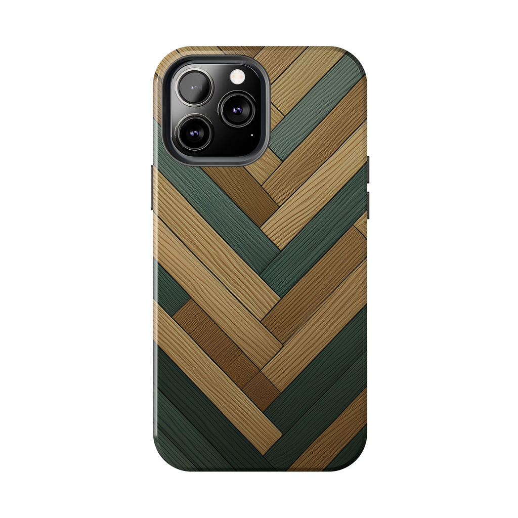 Wood Herringbone Tough Phone Case — Protective Matte Phone Cover with Natural Wood Pattern