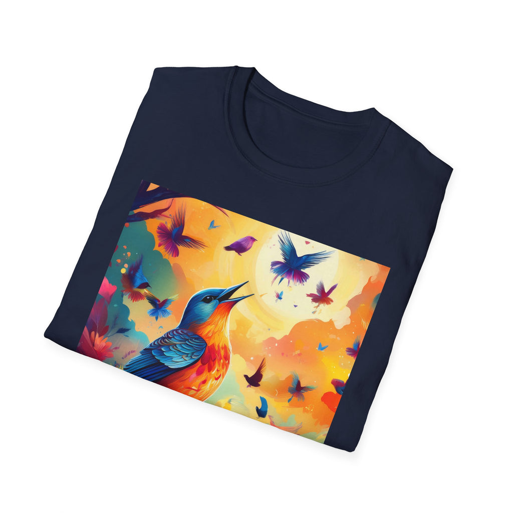 Birds at Dawn Graphic T-Shirt — Colorful Floral Songbird Tee