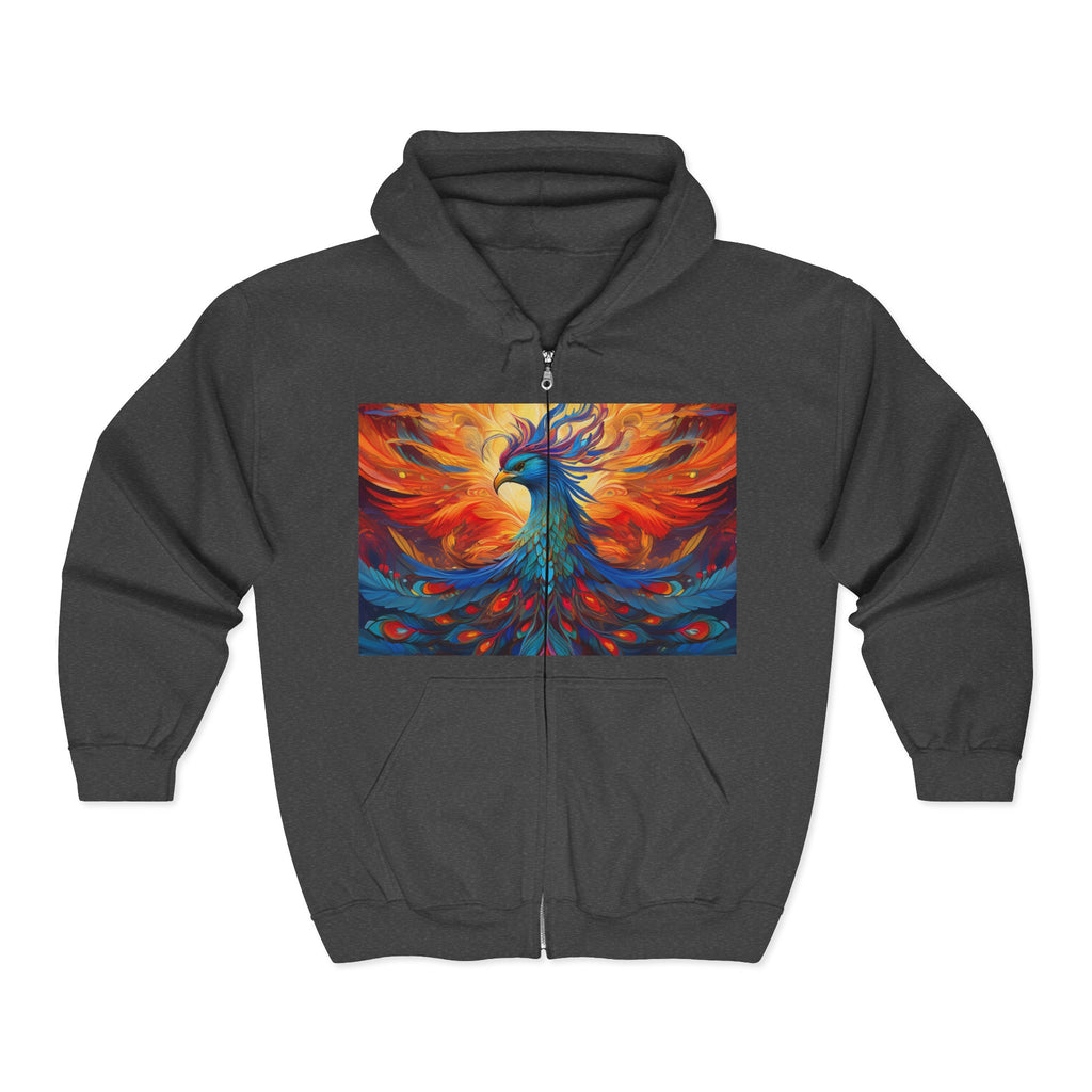 Phoenix Art Full-Zip Hoodie — Vibrant Abstract Bird Design