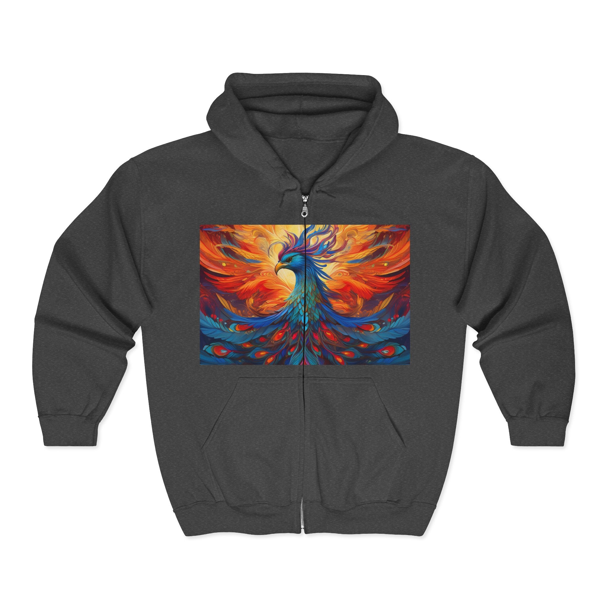 Phoenix Art Full-Zip Hoodie — Vibrant Abstract Bird Design
