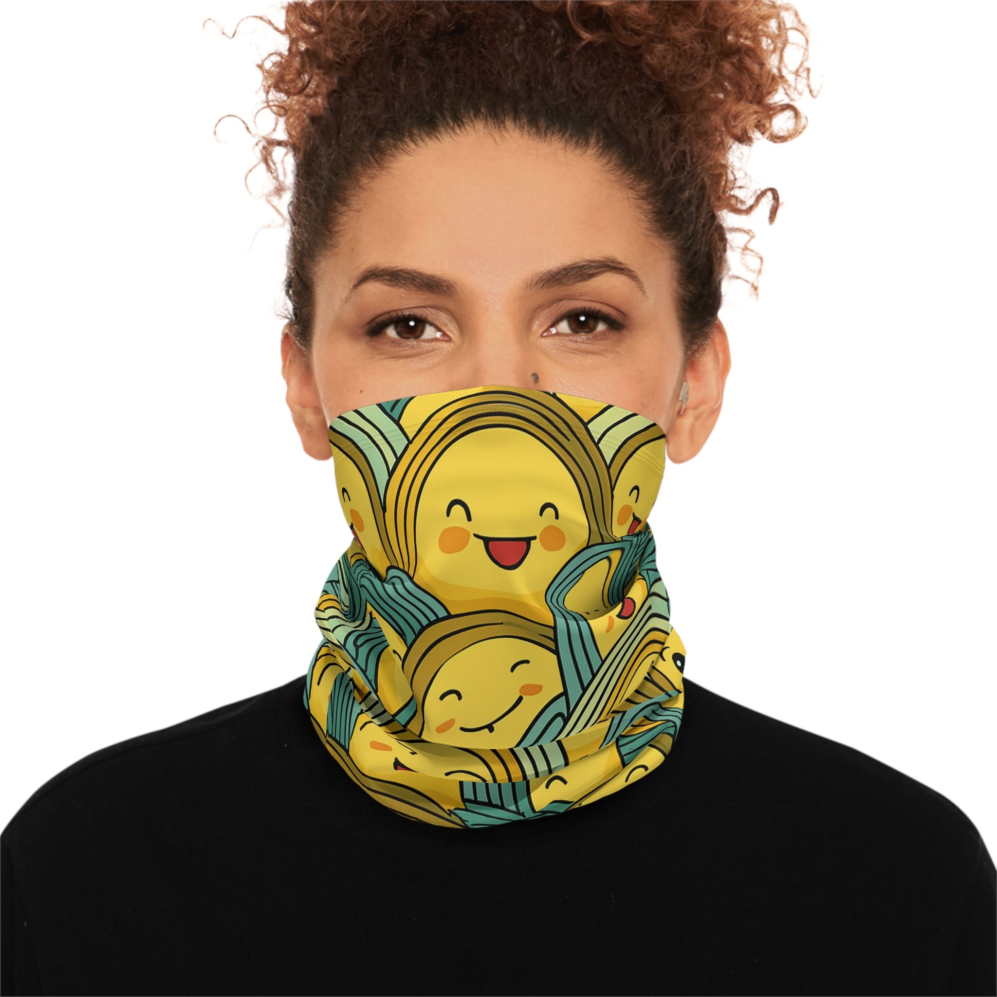 Smiley Waves Winter Neck Gaiter — Cute Yellow Face Pattern with Drawstring