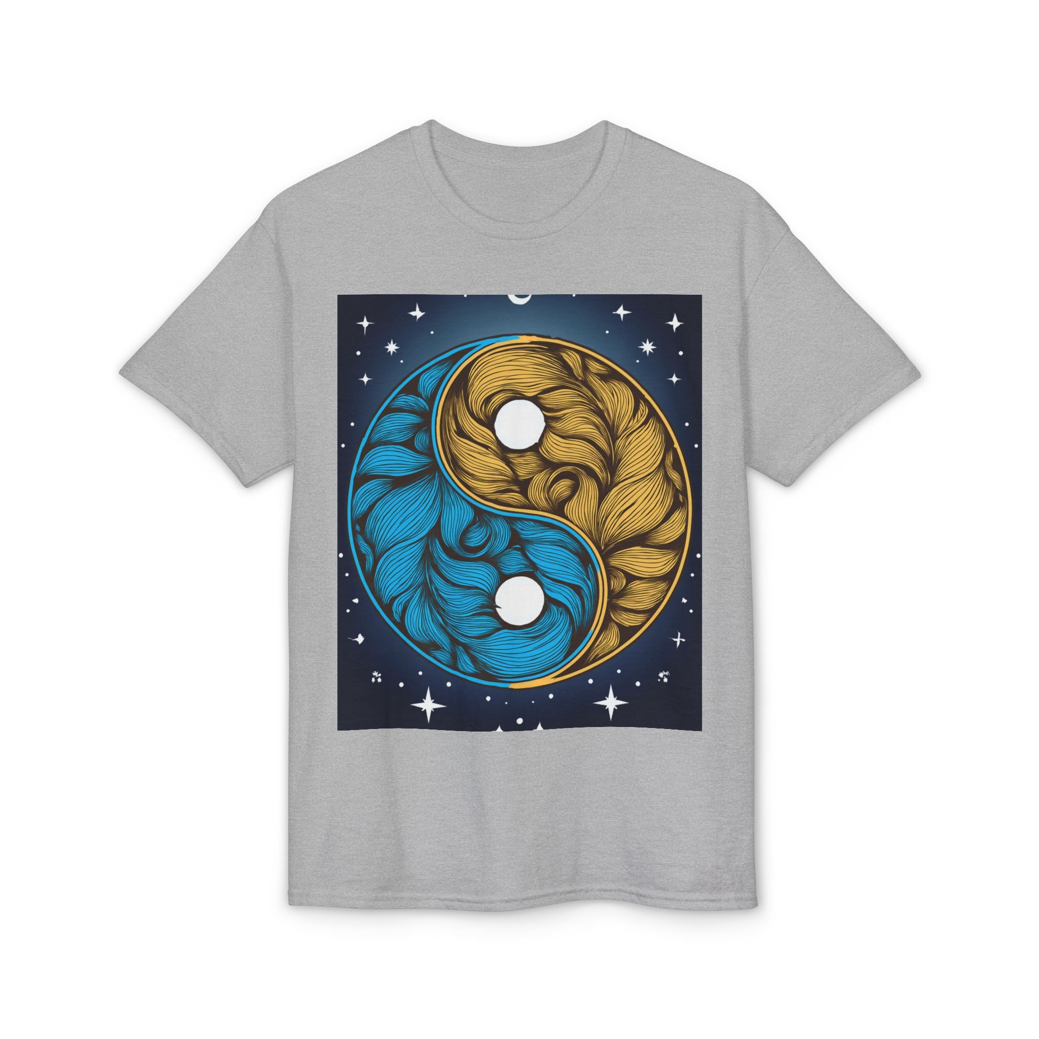 Yin Yang Moon Feathers T-Shirt — Blue & Gold Celestial Balance Tee