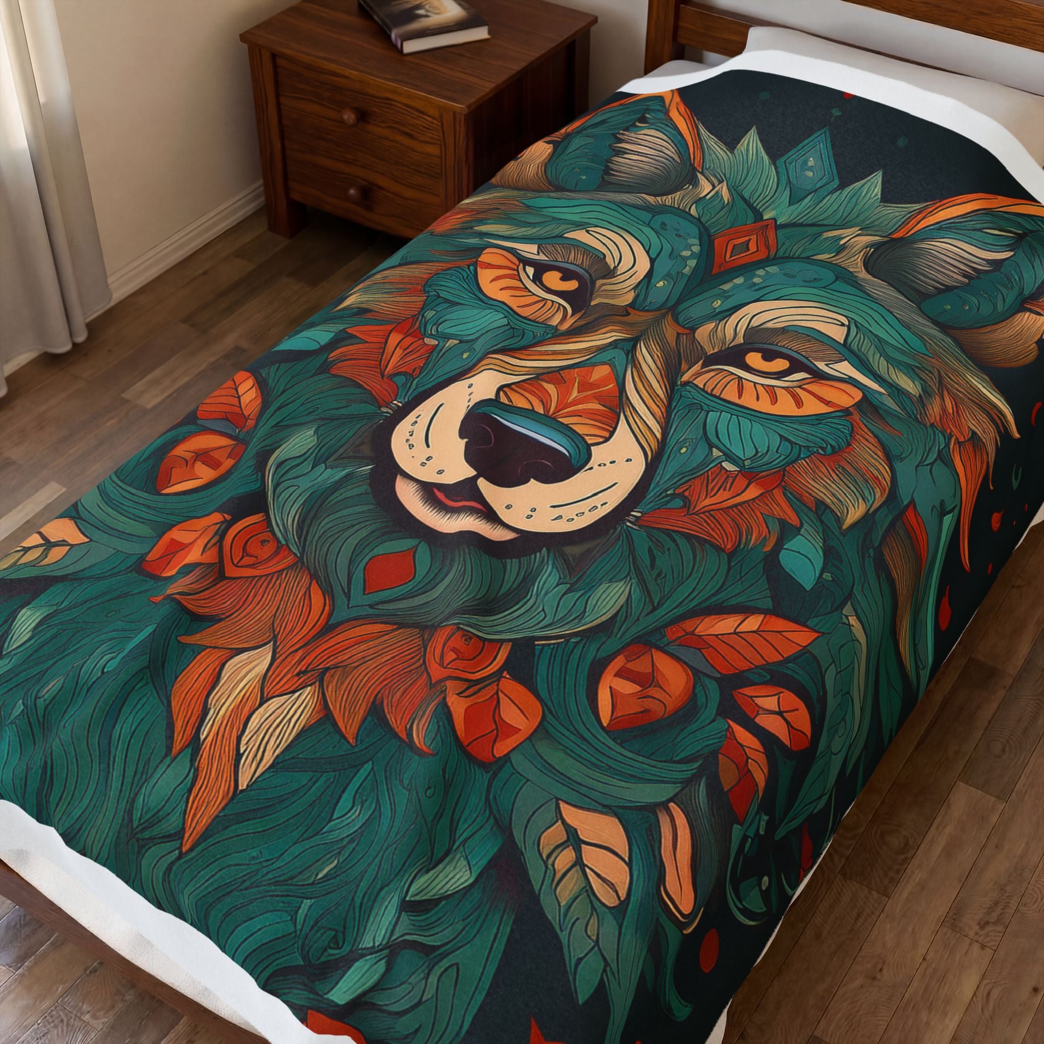 Mystic Floral Wolf Velveteen Plush Blanket — Cozy Boho Animal Throw for Living Room & Gifts