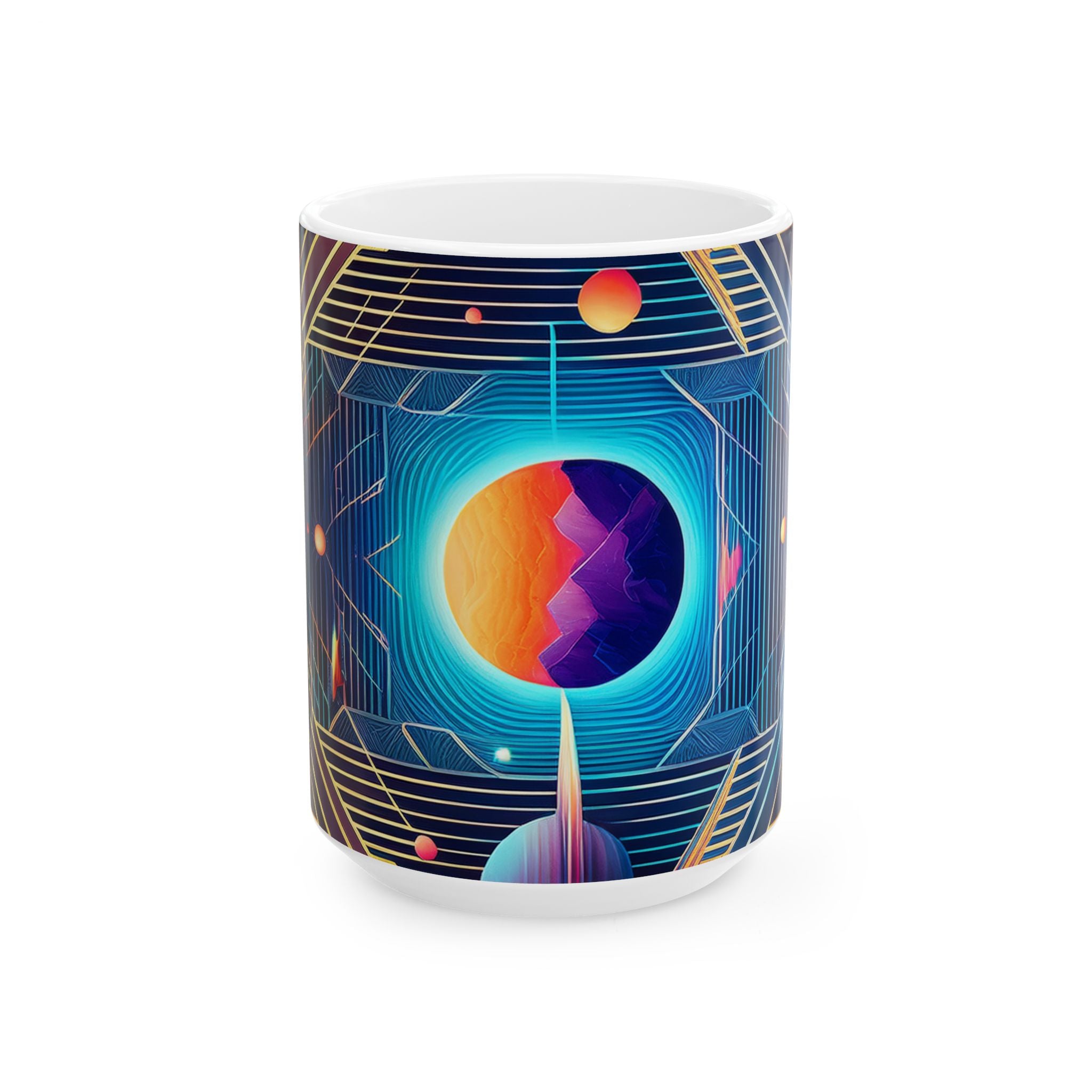 Retro Futurism Space Mug — Neon Geometric Planet Ceramic Coffee Cup (11oz/15oz)