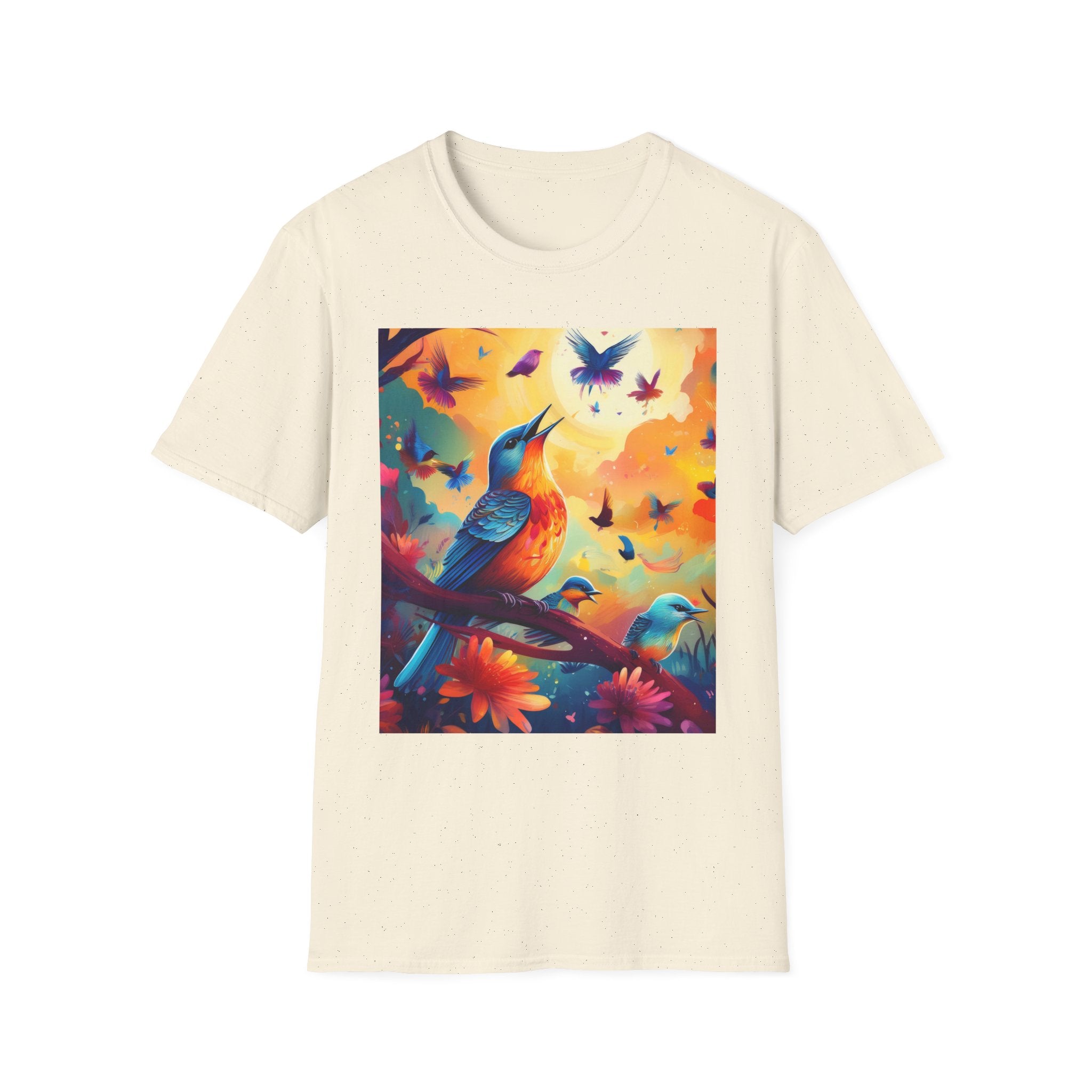 Birds at Dawn Graphic T-Shirt — Colorful Floral Songbird Tee