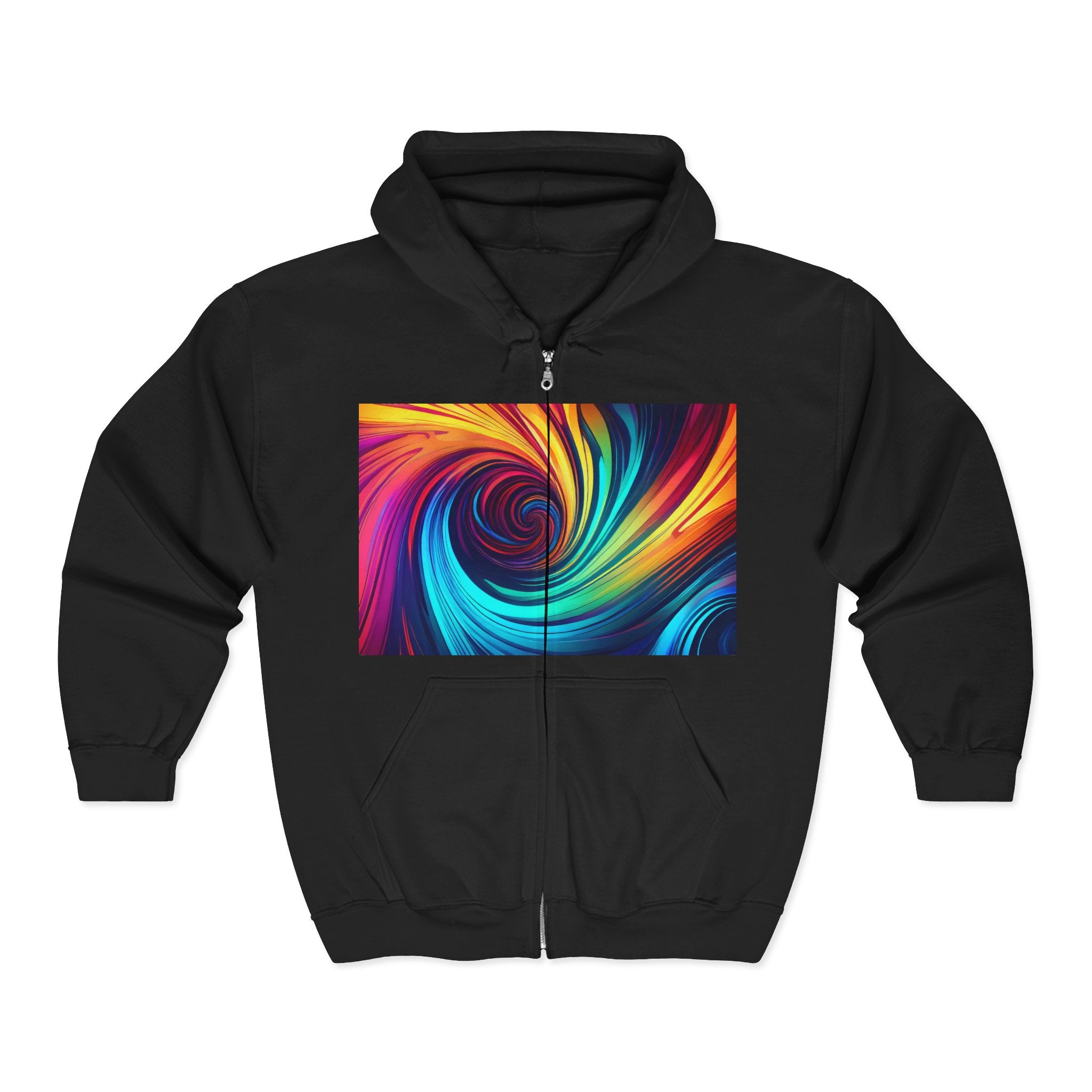 Swirl Prism Zip Hoodie — Vibrant Abstract Spiral Full-Zip Sweatshirt