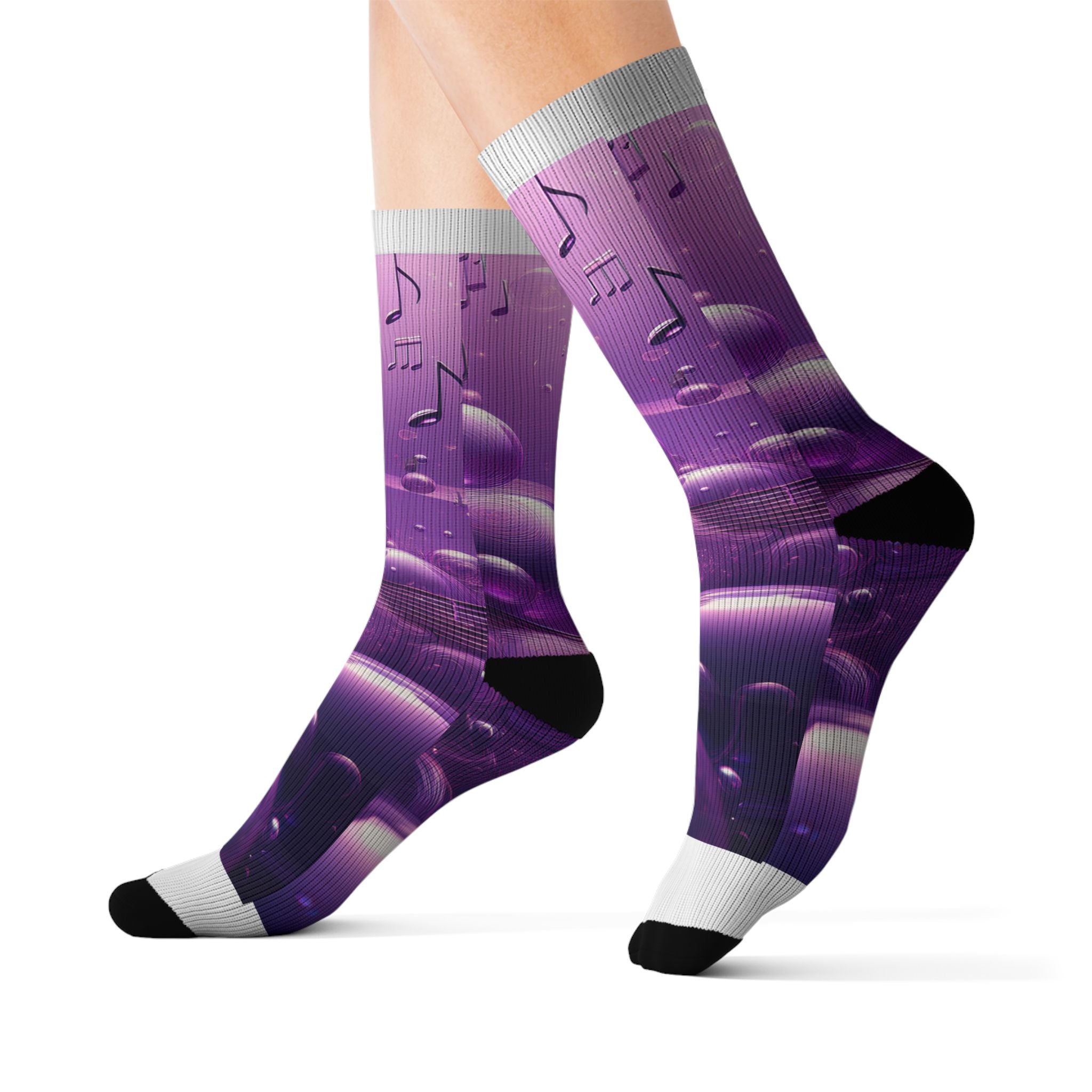 Purple Music Notes Sublimation Socks – Bubble Pattern Crew Socks for Musicians & Music Lovers