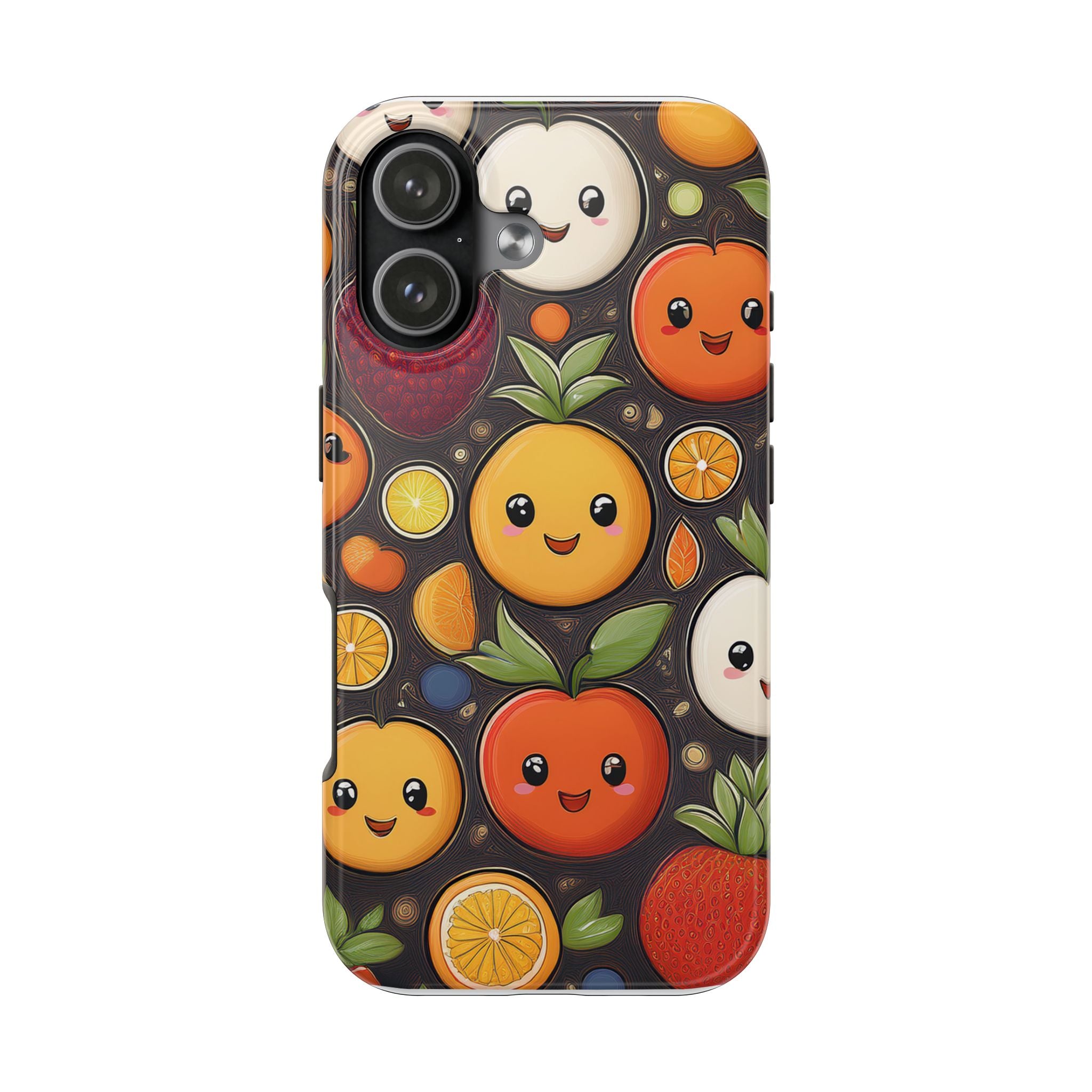 Cute Fruit Pattern Tough Phone Case — Kawaii Orange, Apple & Strawberry Protective Cover