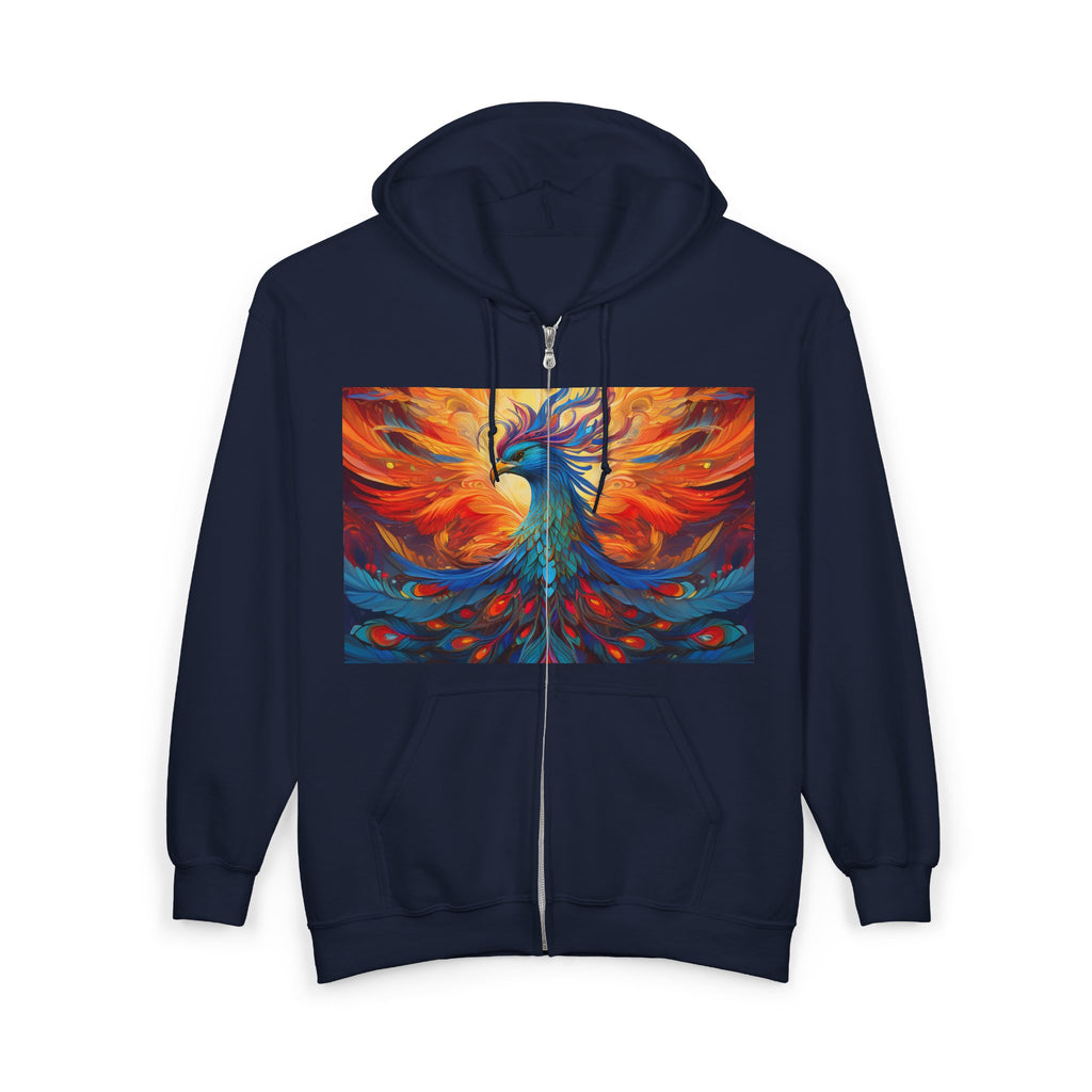 Phoenix Art Full-Zip Hoodie — Vibrant Abstract Bird Design