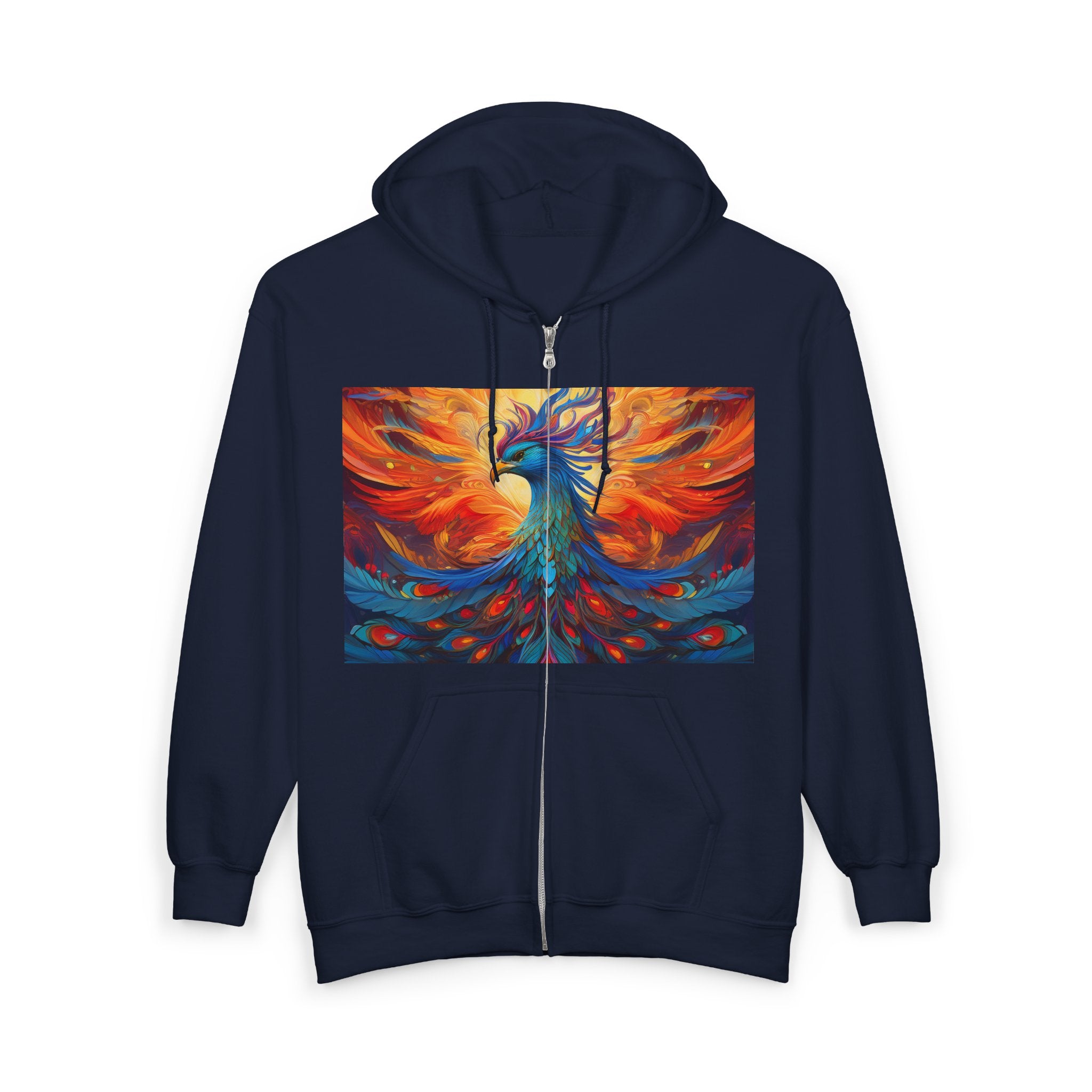 Phoenix Art Full-Zip Hoodie — Vibrant Abstract Bird Design