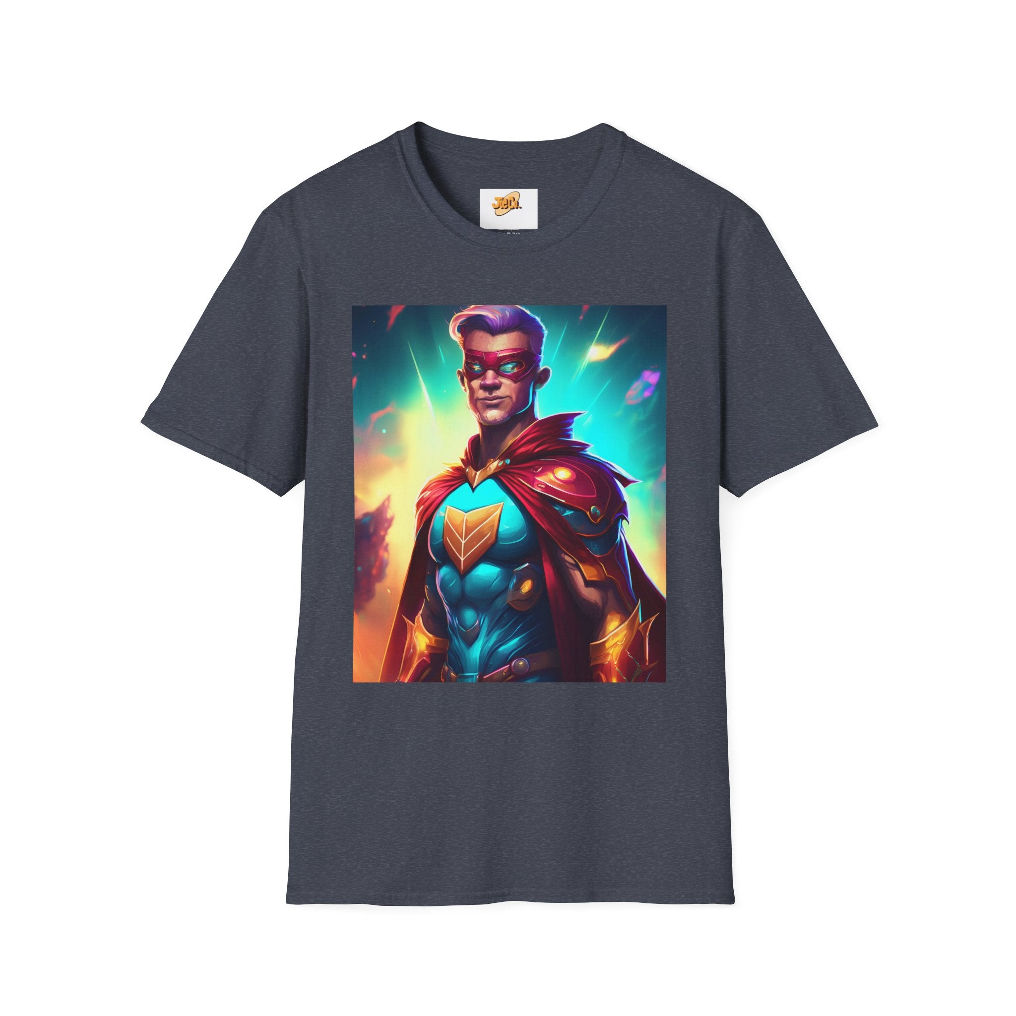 Superhero Graphic T-Shirt — Retro Neon Captain Chest Emblem
