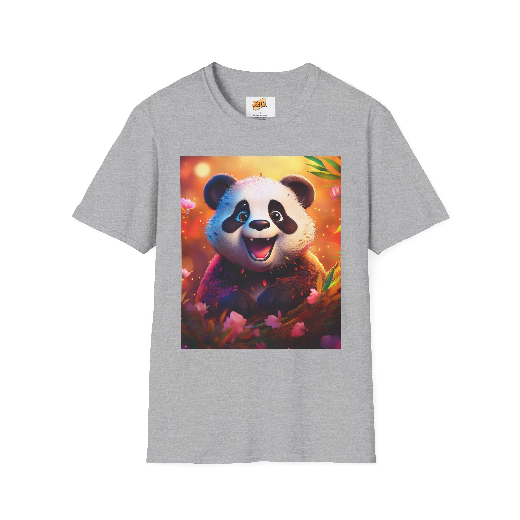 Cute Smiling Panda Graphic T-Shirt — Playful Floral Panda Tee