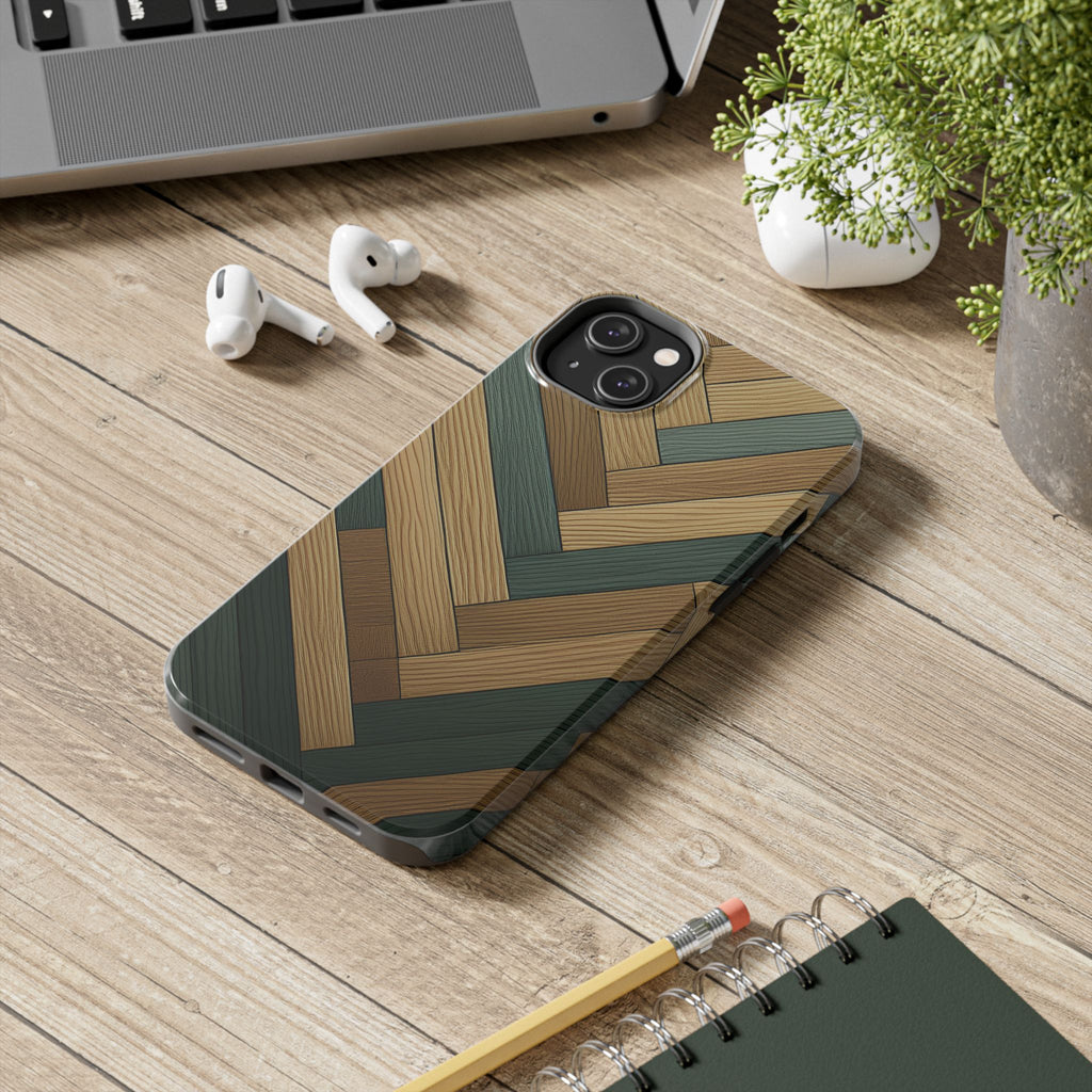Wood Herringbone Tough Phone Case — Protective Matte Phone Cover with Natural Wood Pattern