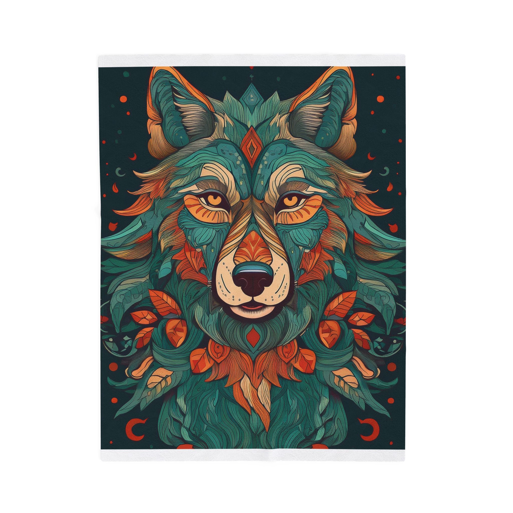 Mystic Floral Wolf Velveteen Plush Blanket — Cozy Boho Animal Throw for Living Room & Gifts