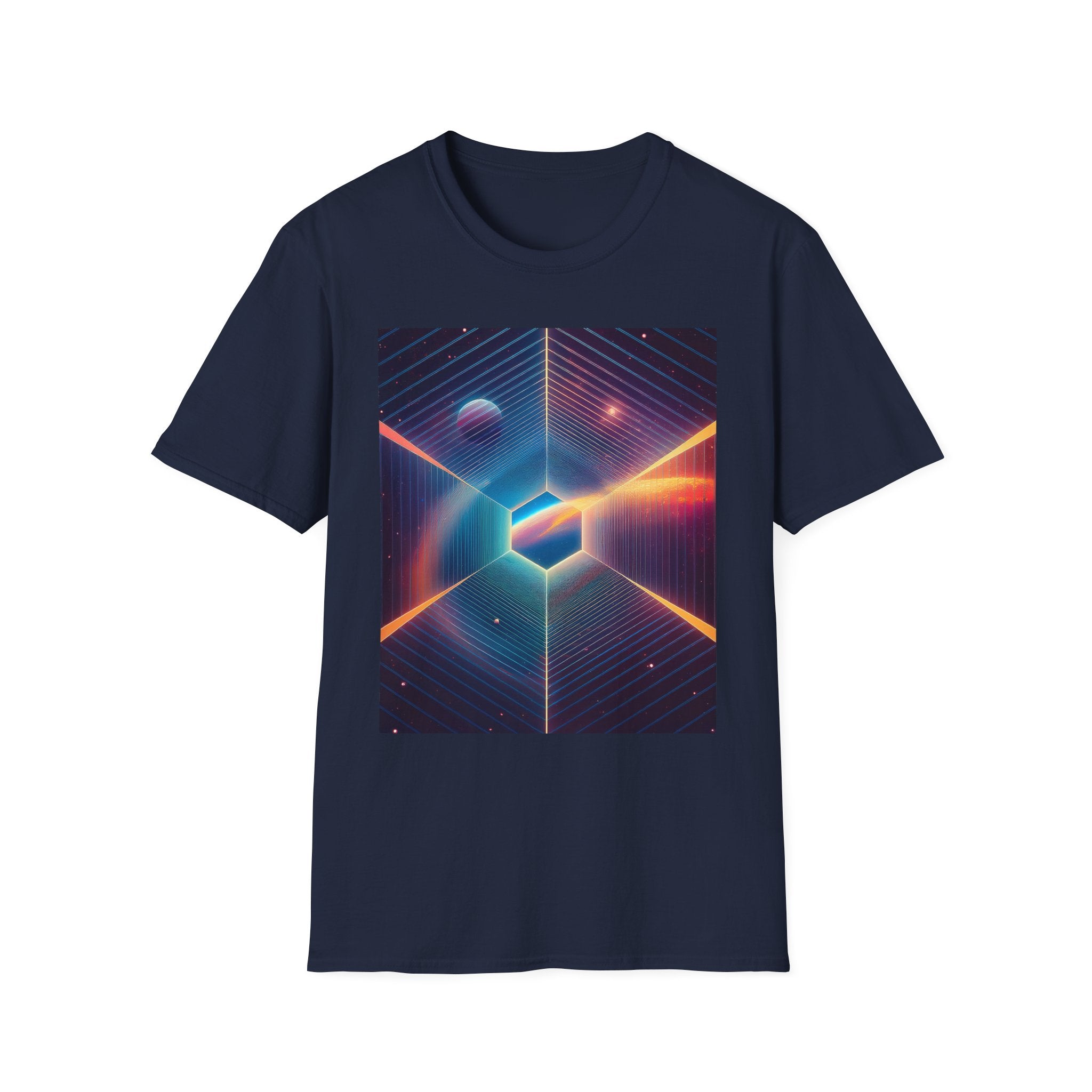 Retro Futuristic Space Tee — Neon Geometric Galaxy T-Shirt