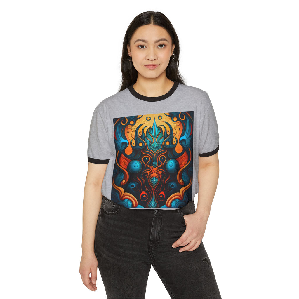 Abstract Flame Mandala Ringer Tee - Psychedelic Symmetry Graphic T-Shirt