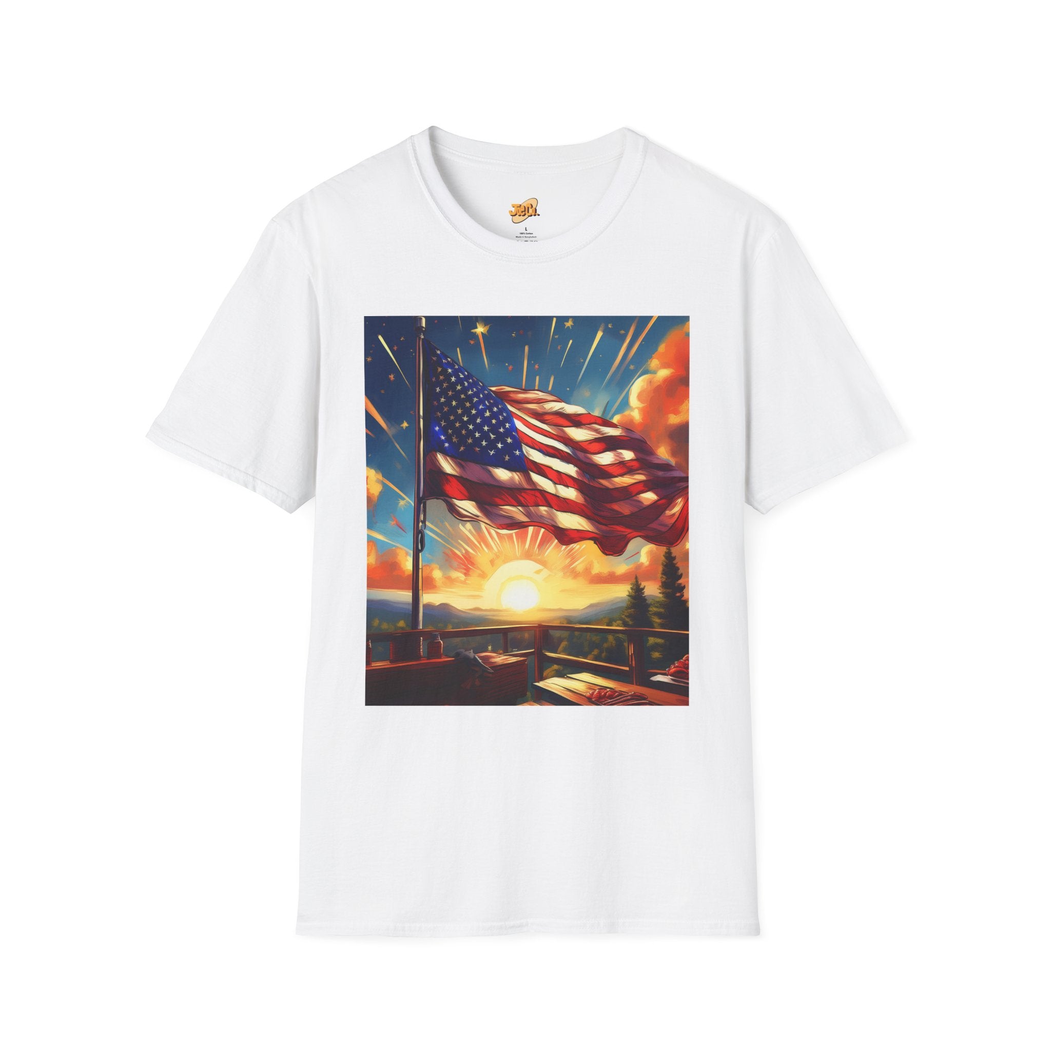 American Flag Sunrise T-Shirt — Patriotic USA Sunset Graphic Tee