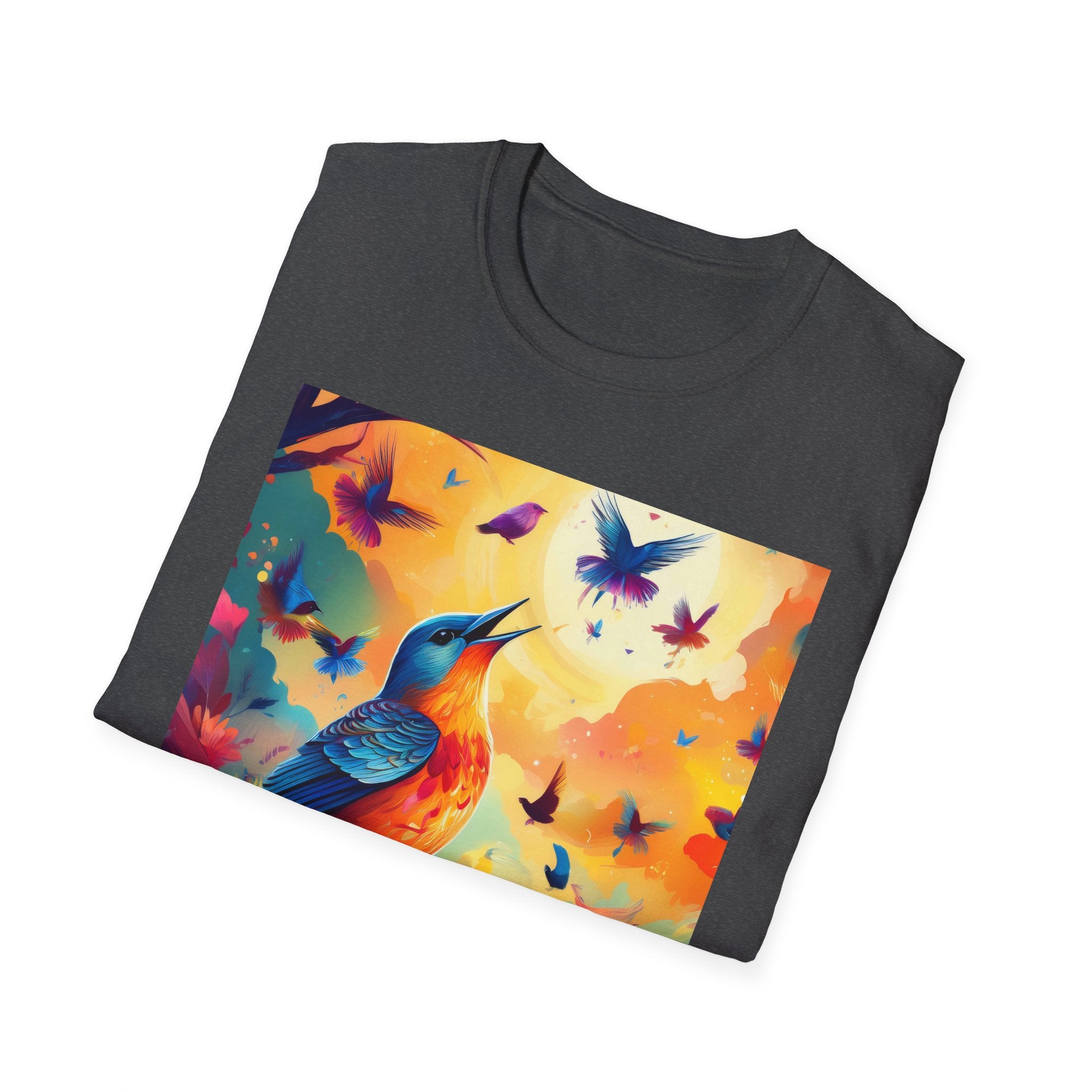 Birds at Dawn Graphic T-Shirt — Colorful Floral Songbird Tee
