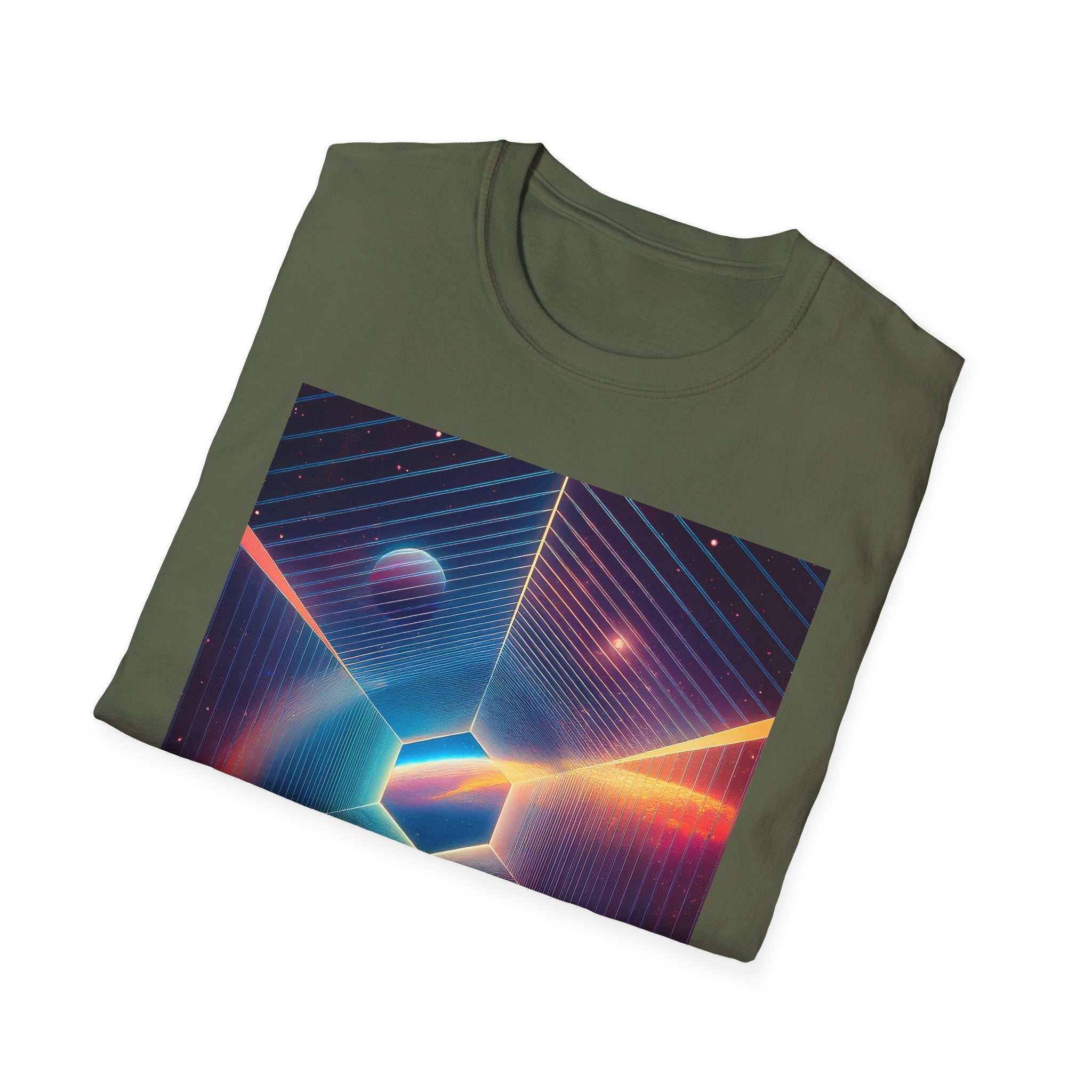 Retro Futuristic Space Tee — Neon Geometric Galaxy T-Shirt