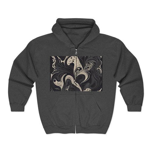 Abstract Marble Zip Hoodie — Black Swirl Art Full-Zip Sweatshirt