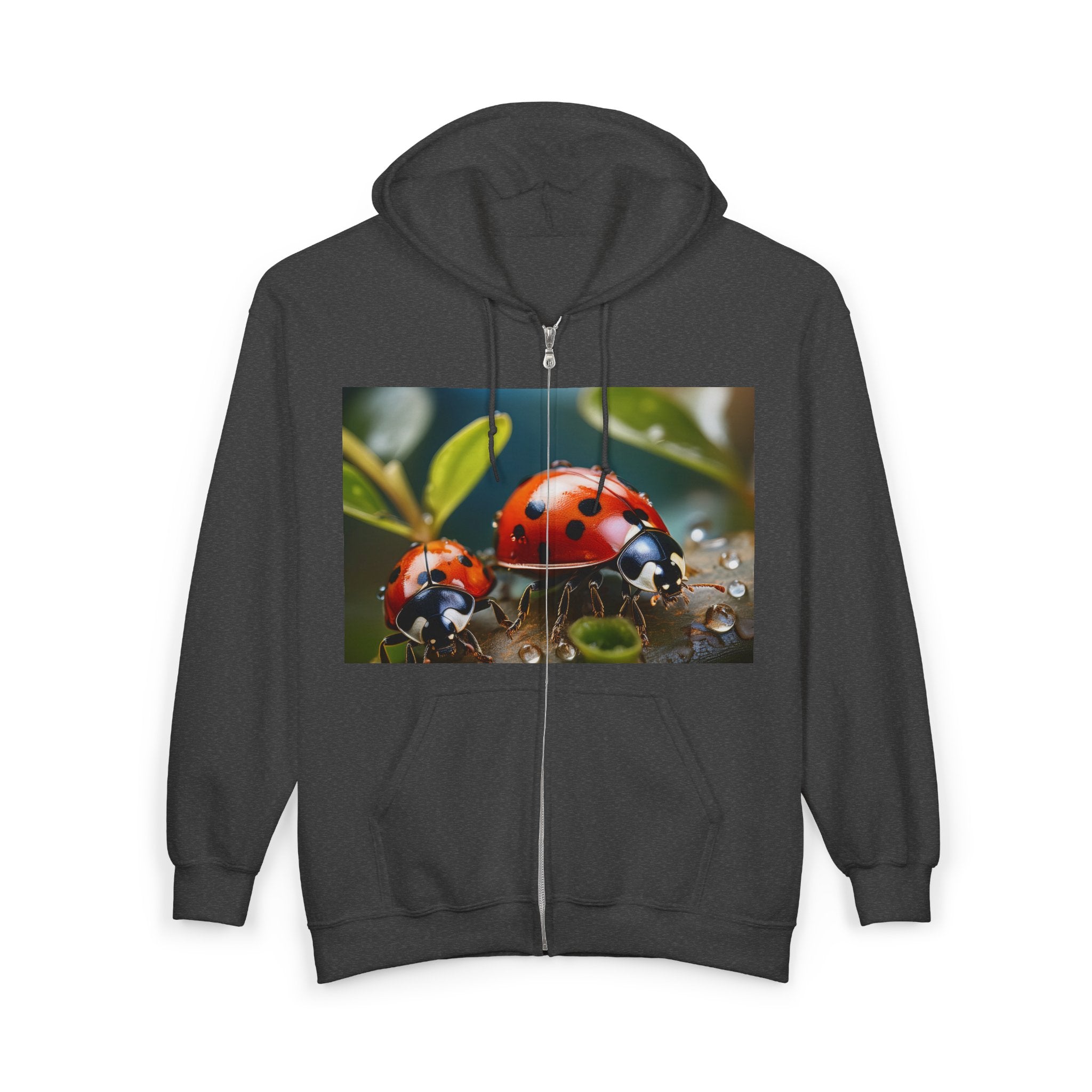 Ladybug Nature Zip Hoodie – Cute Red Ladybugs on Dewy Leaf