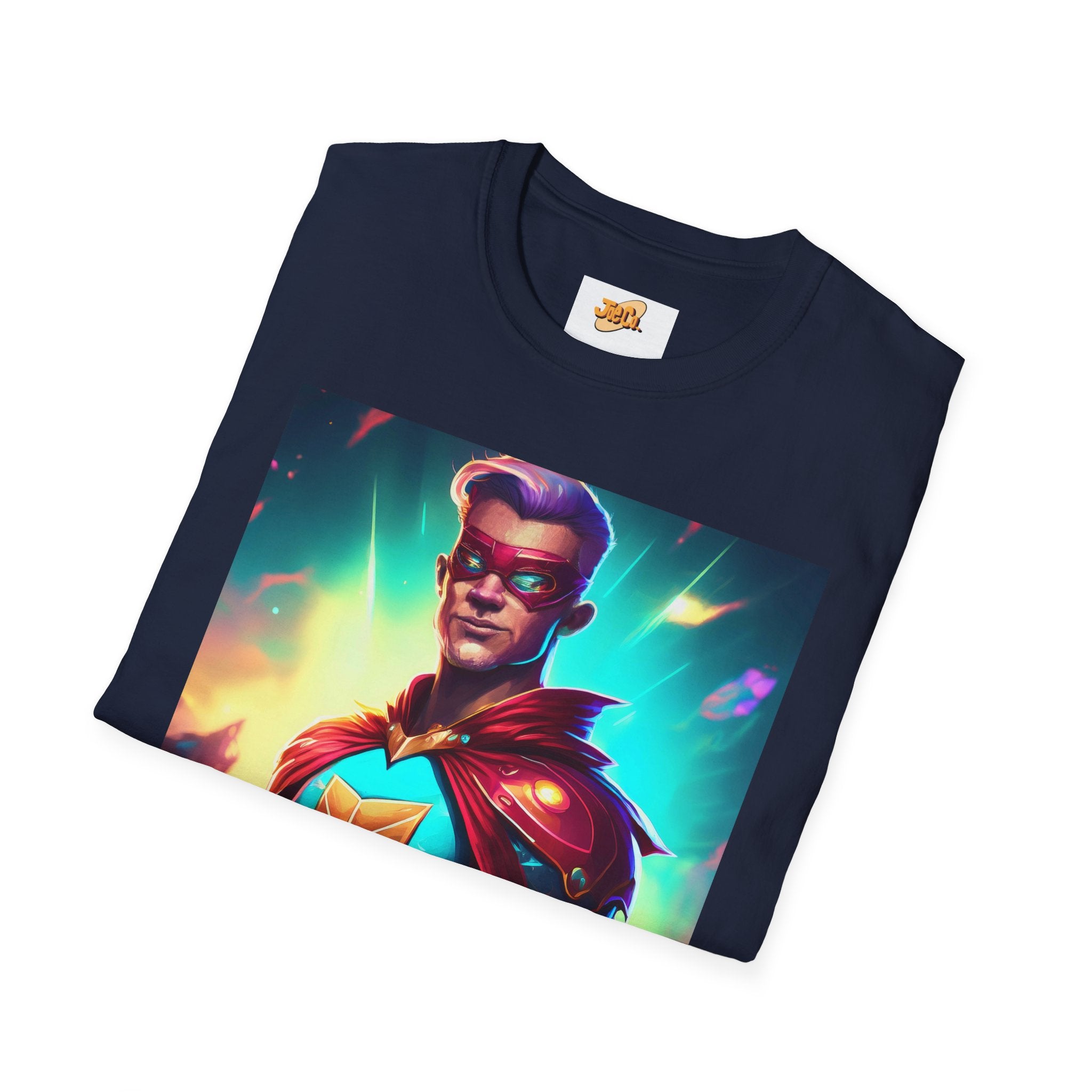 Superhero Graphic T-Shirt — Retro Neon Captain Chest Emblem