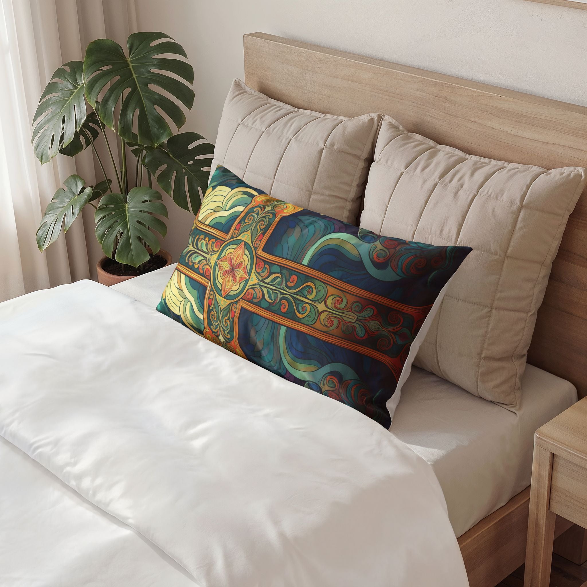 Decorative Cotton Pillow Sham — Boho Vintage Cross Mandala Design