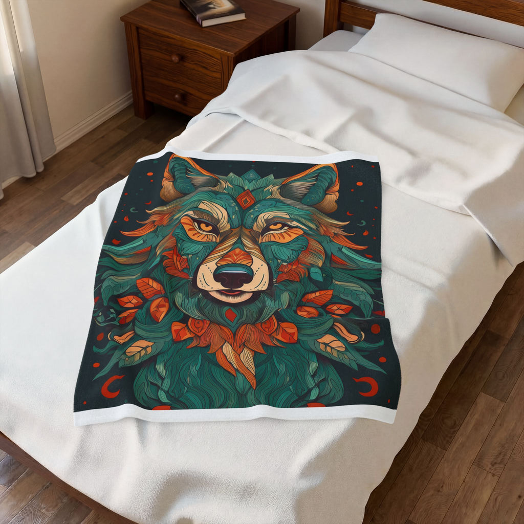 Mystic Floral Wolf Velveteen Plush Blanket — Cozy Boho Animal Throw for Living Room & Gifts