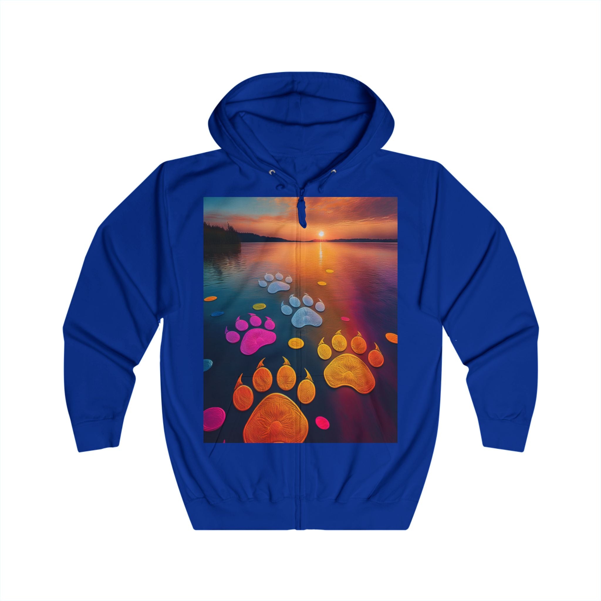 Pawprint Sunset Zip Hoodie — Colorful Paw Trail Graphic