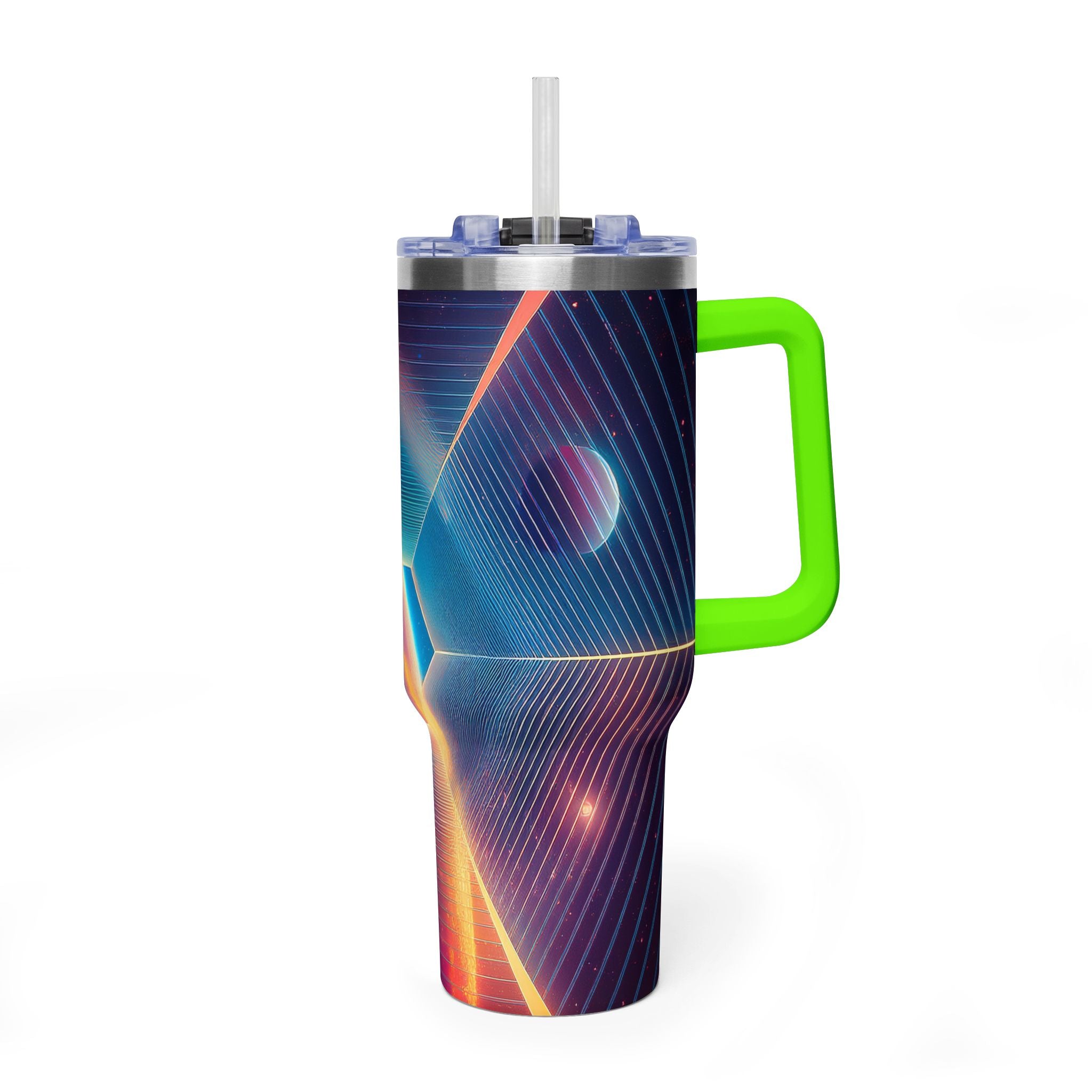 40oz Vacuum Tumbler — Neon Geometric Cosmic Design