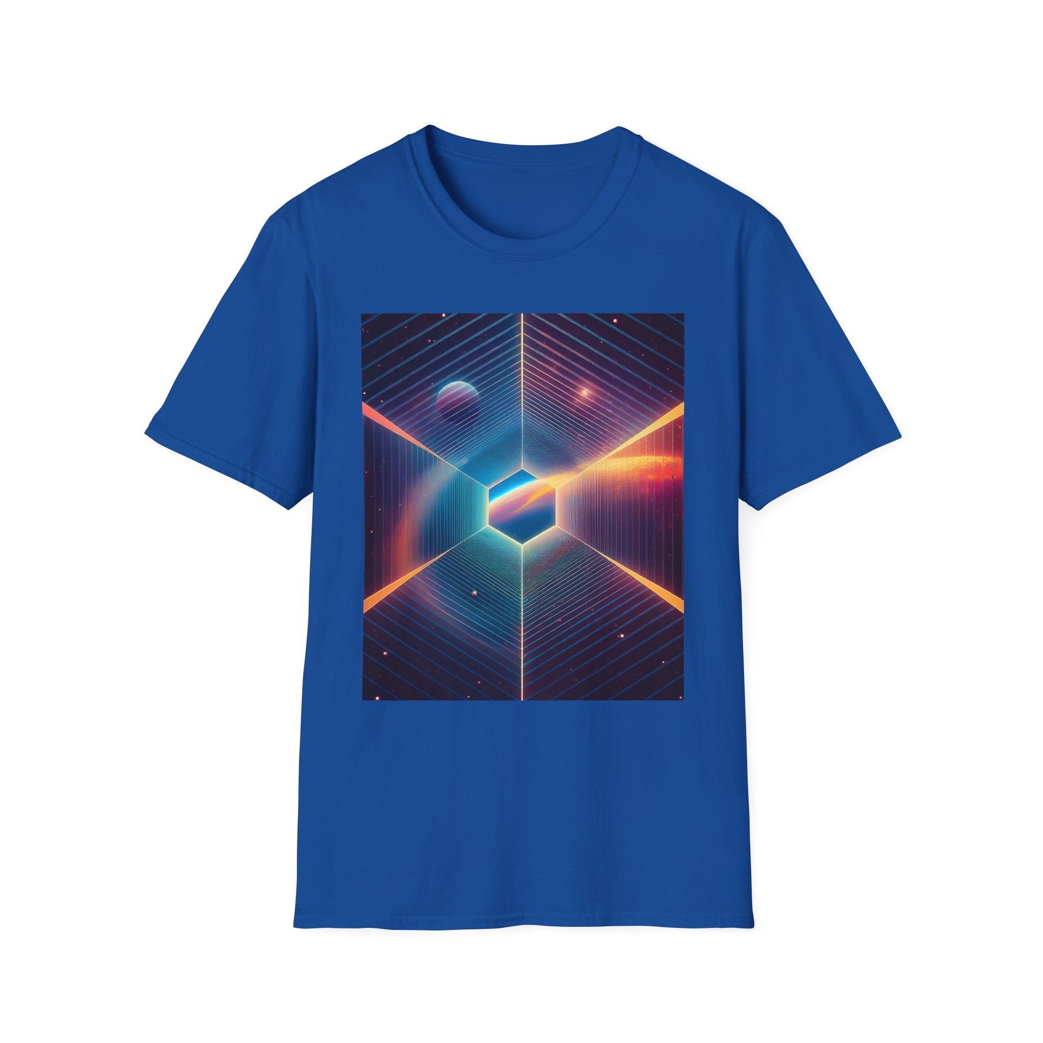 Retro Futuristic Space Tee — Neon Geometric Galaxy T-Shirt