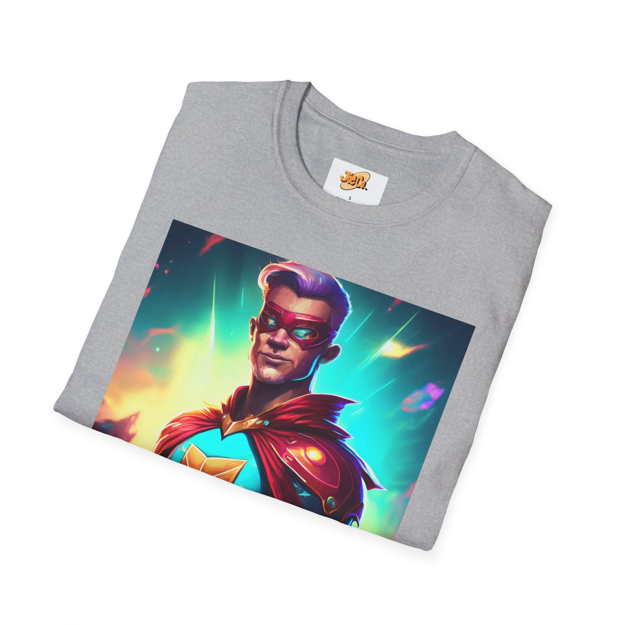 Superhero Graphic T-Shirt — Retro Neon Captain Chest Emblem