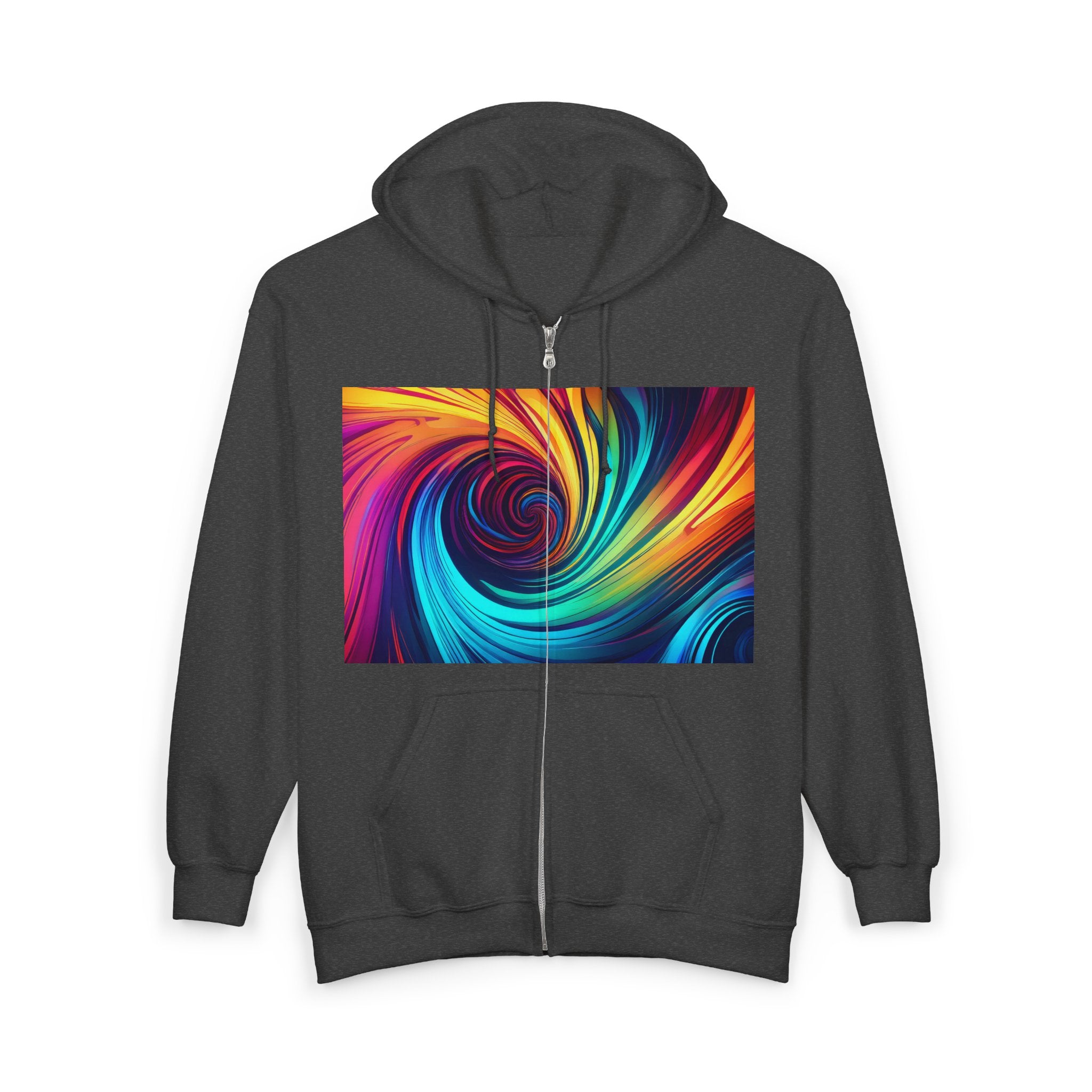 Swirl Prism Zip Hoodie — Vibrant Abstract Spiral Full-Zip Sweatshirt