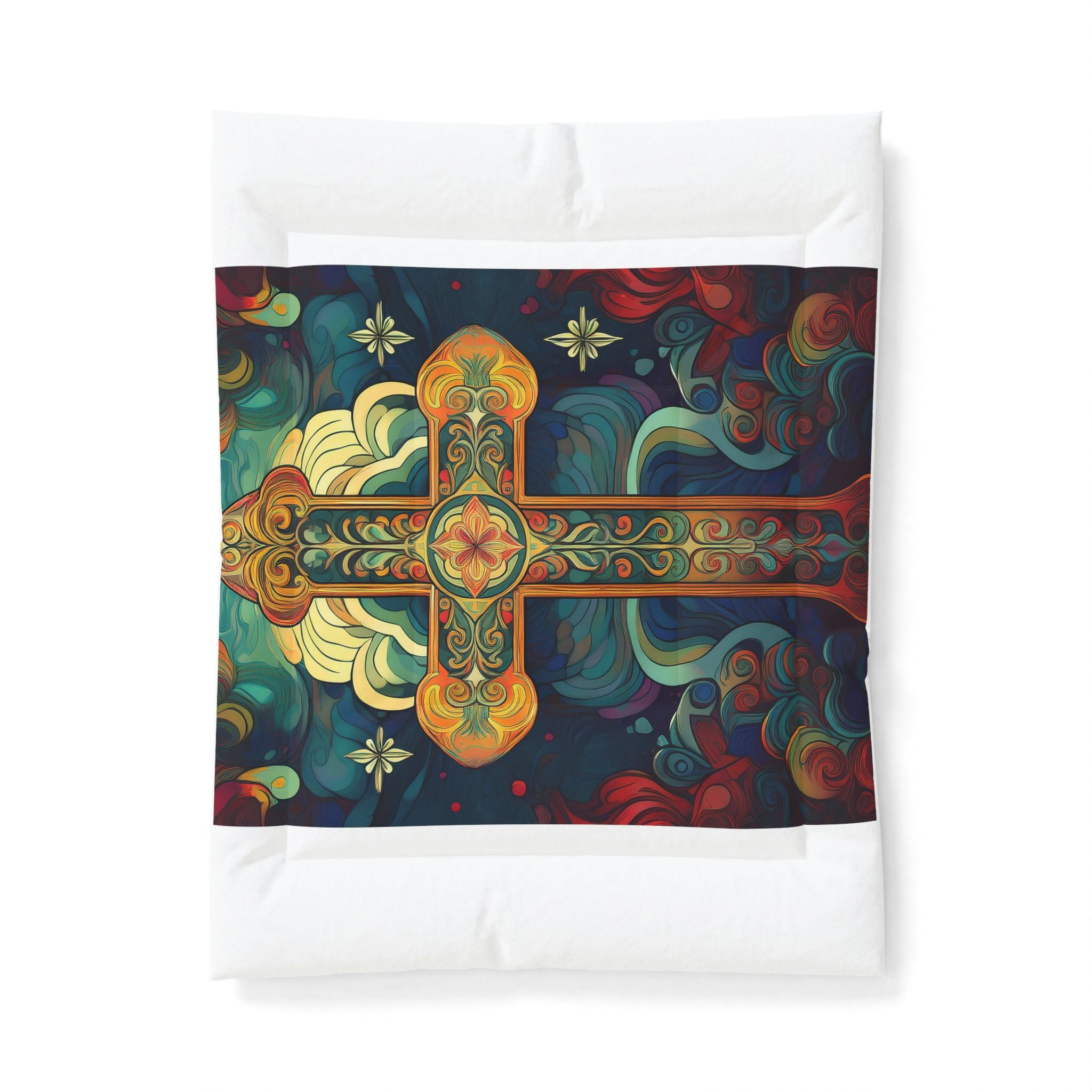 Stained Glass Cross Cotton Comforter – Colorful Religious Bedding Throw