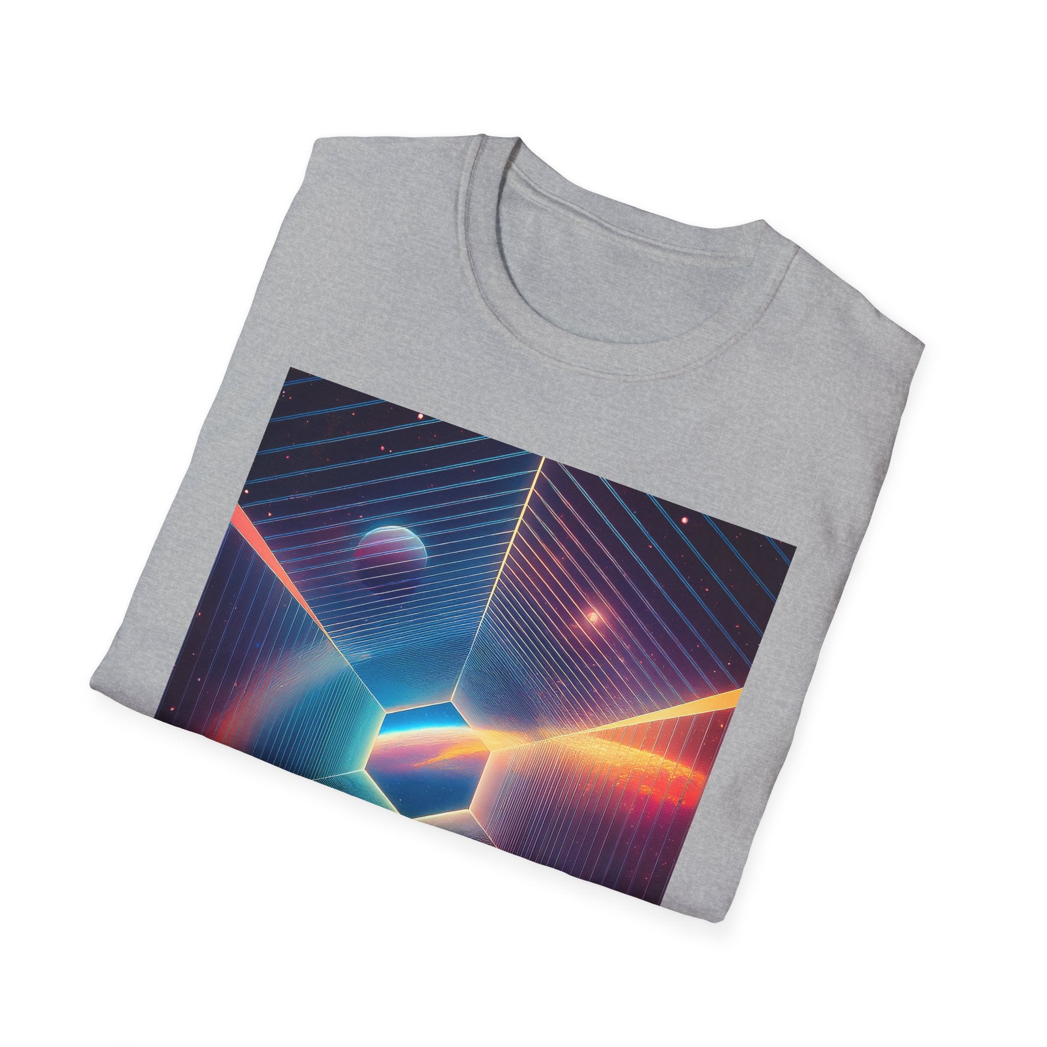 Retro Futuristic Space Tee — Neon Geometric Galaxy T-Shirt