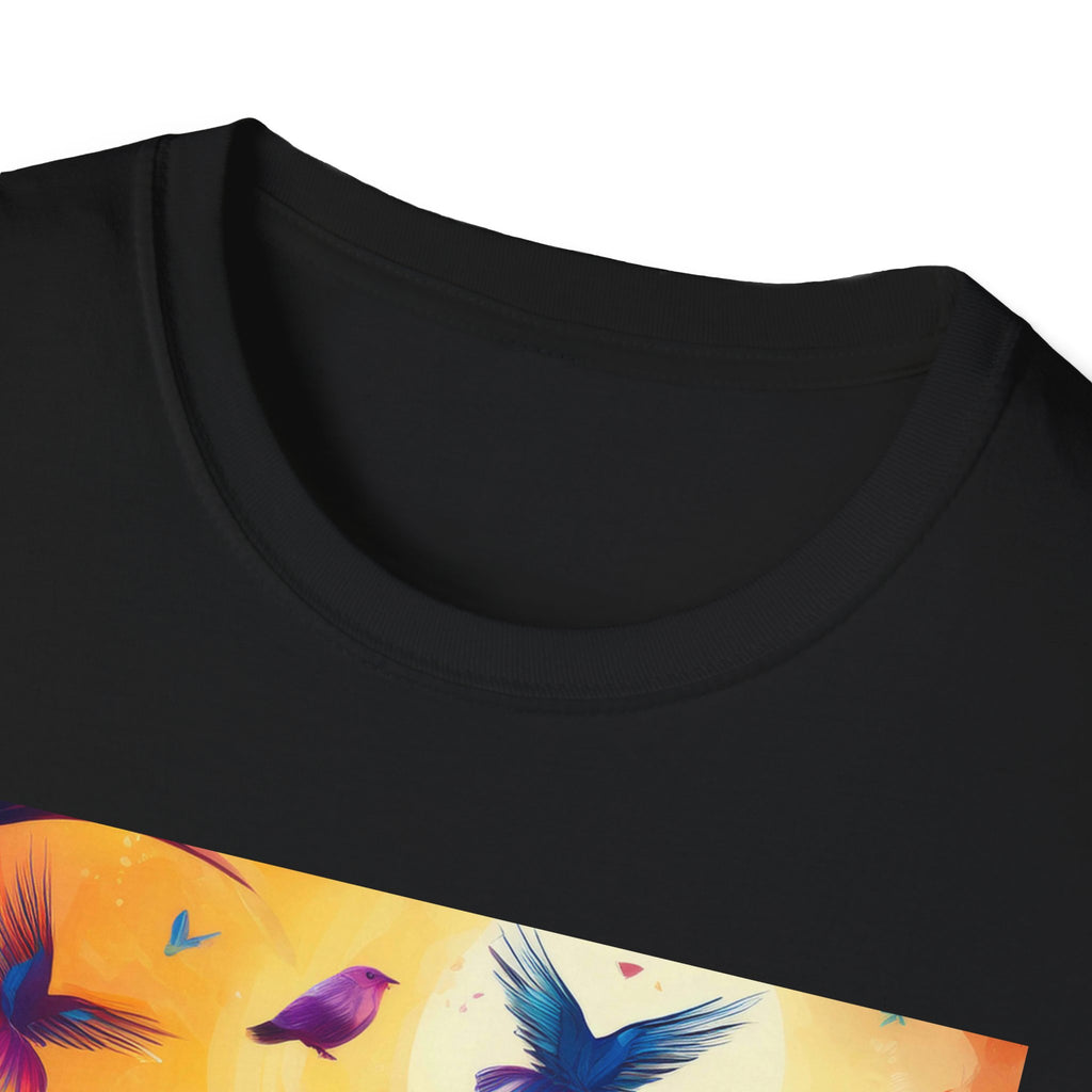 Birds at Dawn Graphic T-Shirt — Colorful Floral Songbird Tee