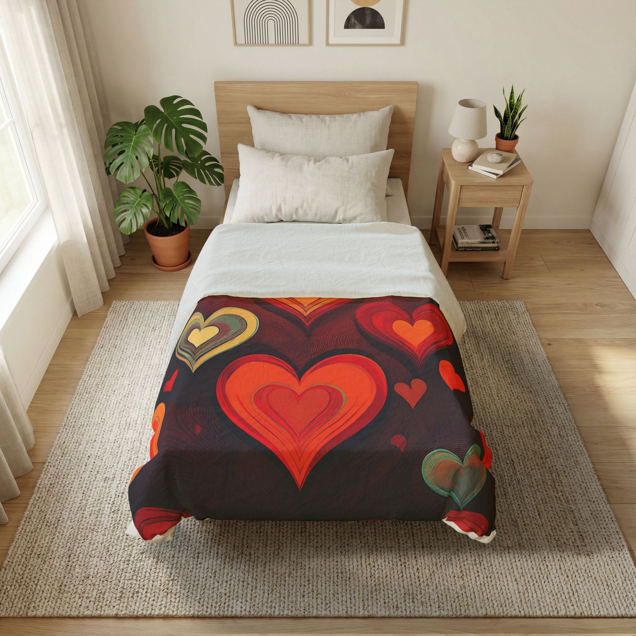 Heart Pattern Cotton Duvet Cover — Retro Red & Teal Love Design