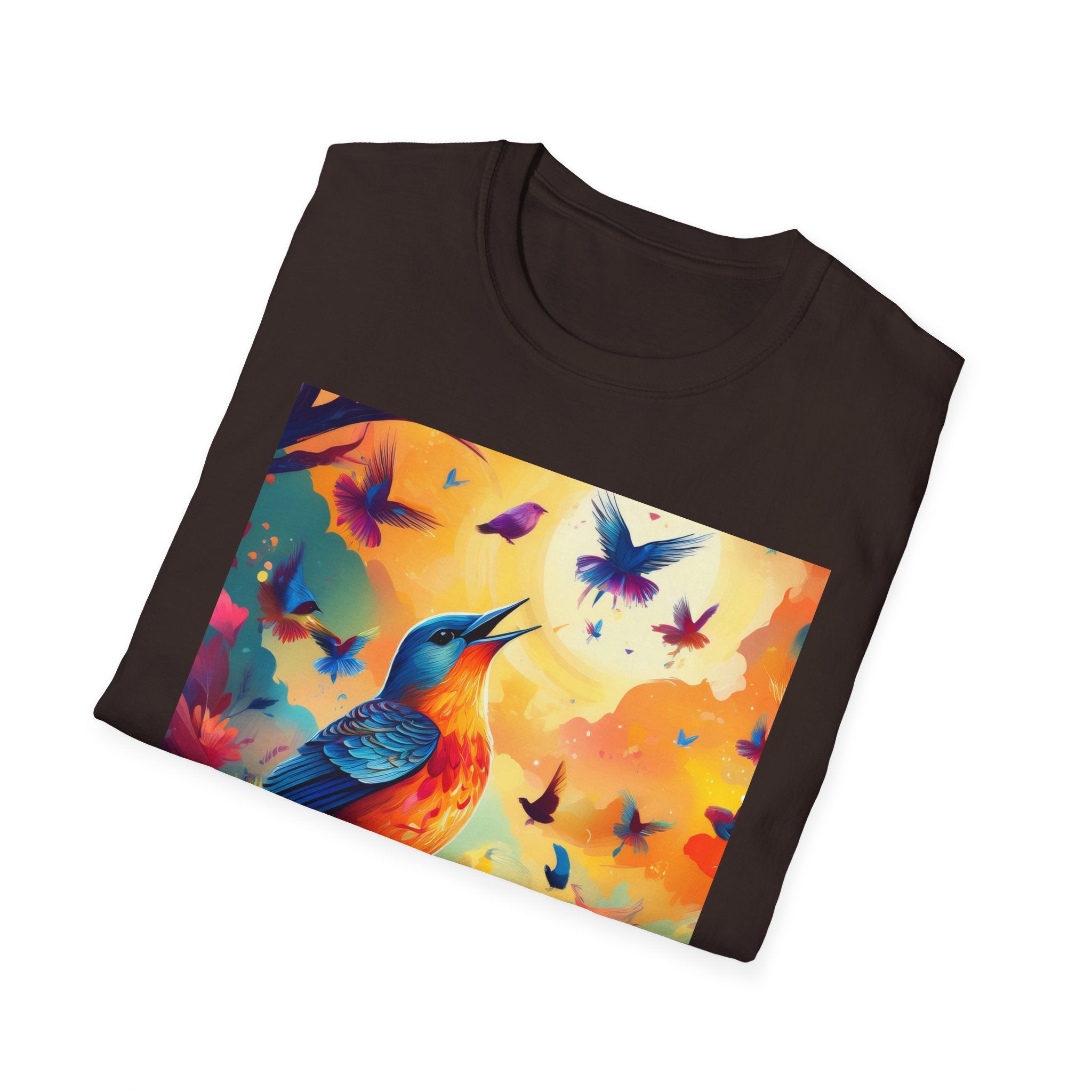 Birds at Dawn Graphic T-Shirt — Colorful Floral Songbird Tee