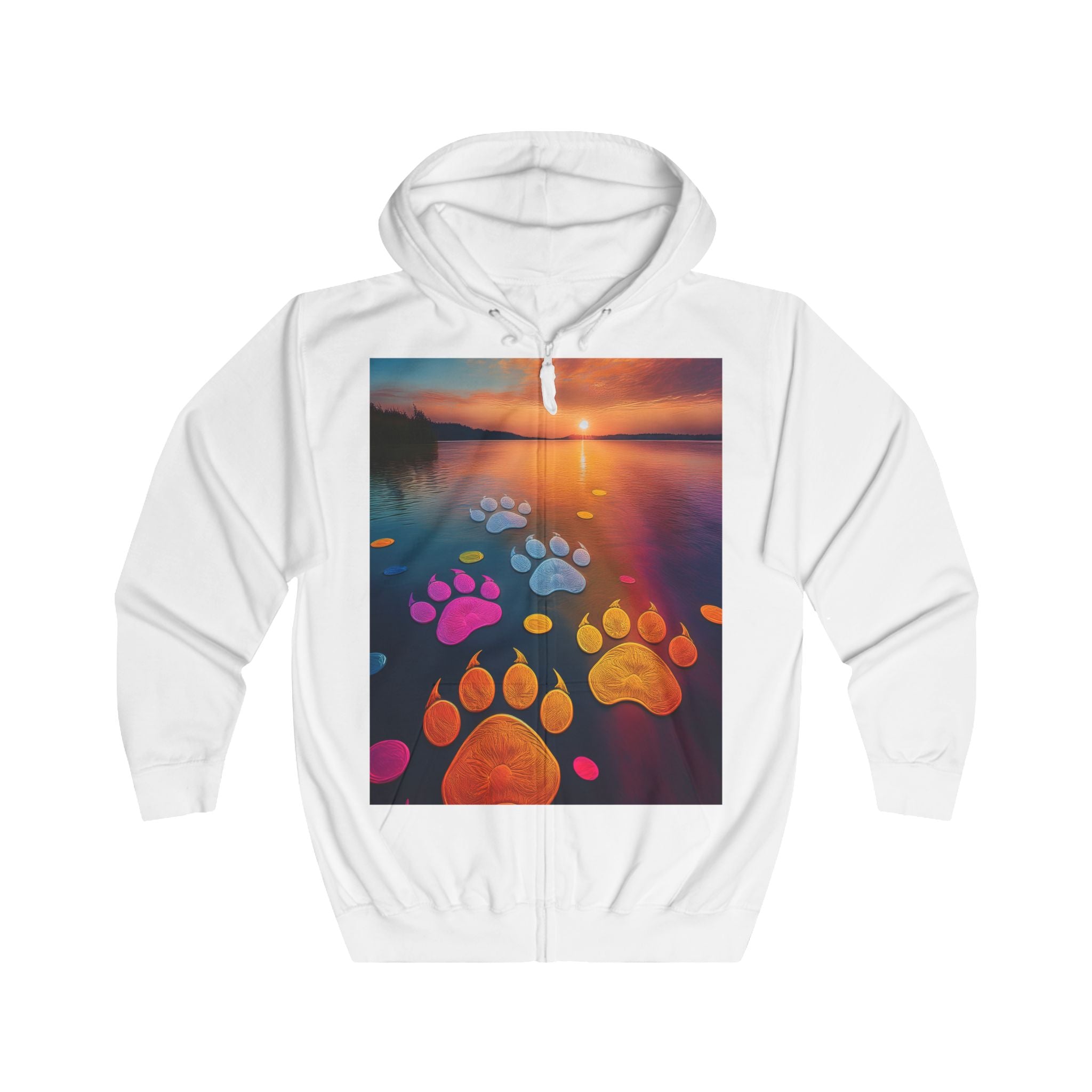 Pawprint Sunset Zip Hoodie — Colorful Paw Trail Graphic